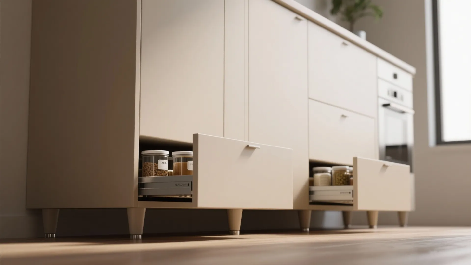 Modern cream kitchen cabinets with open drawers showing glass storage jars for various dry foods