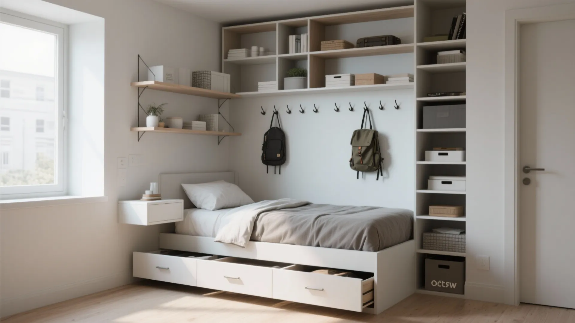 Modern white bedroom featuring bed with drawers plus wall mounted shelves and large storage cabinet