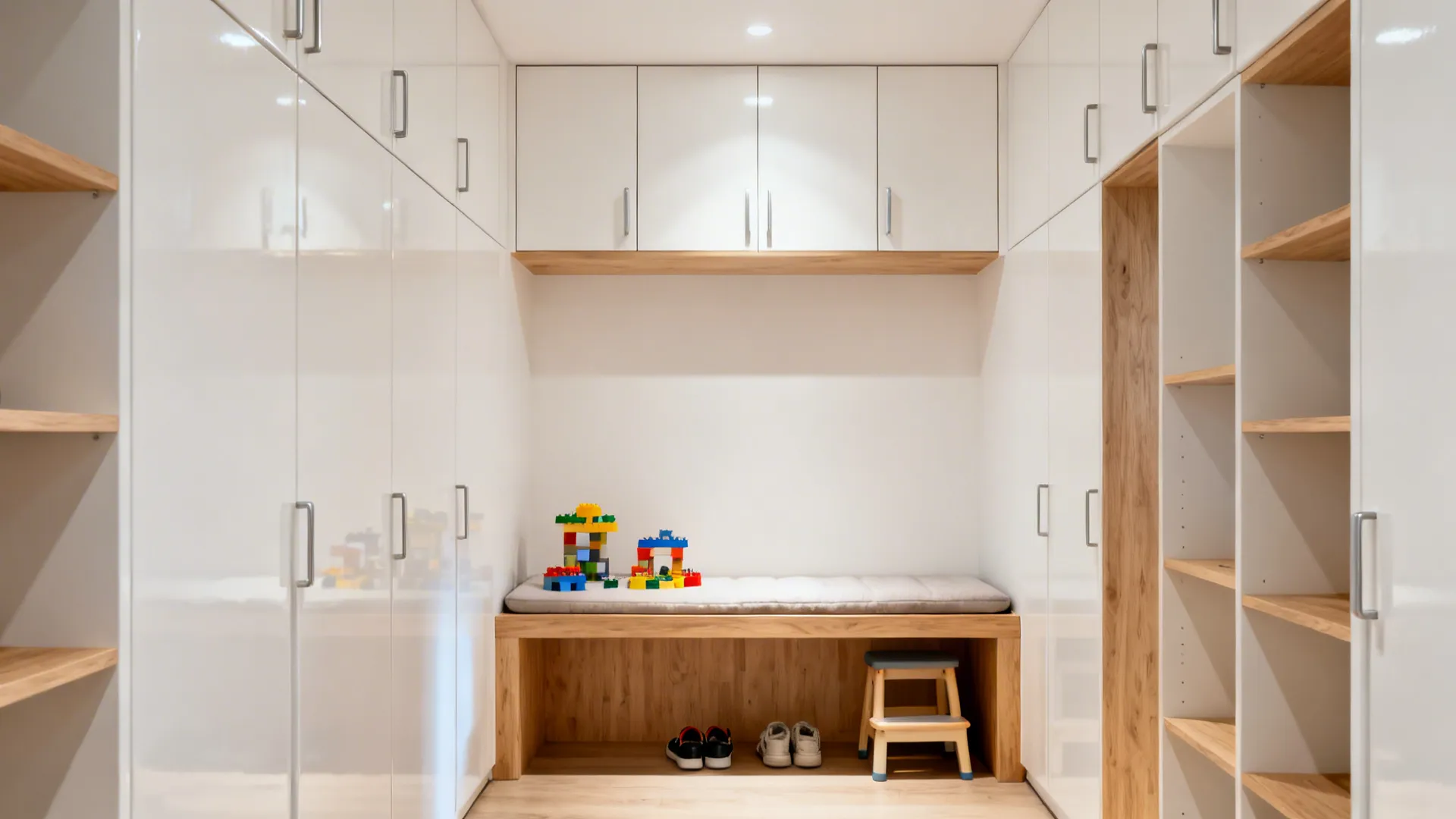 Narrow kids room with shallow upper cabinets and a sturdy play bench keeping floors open.