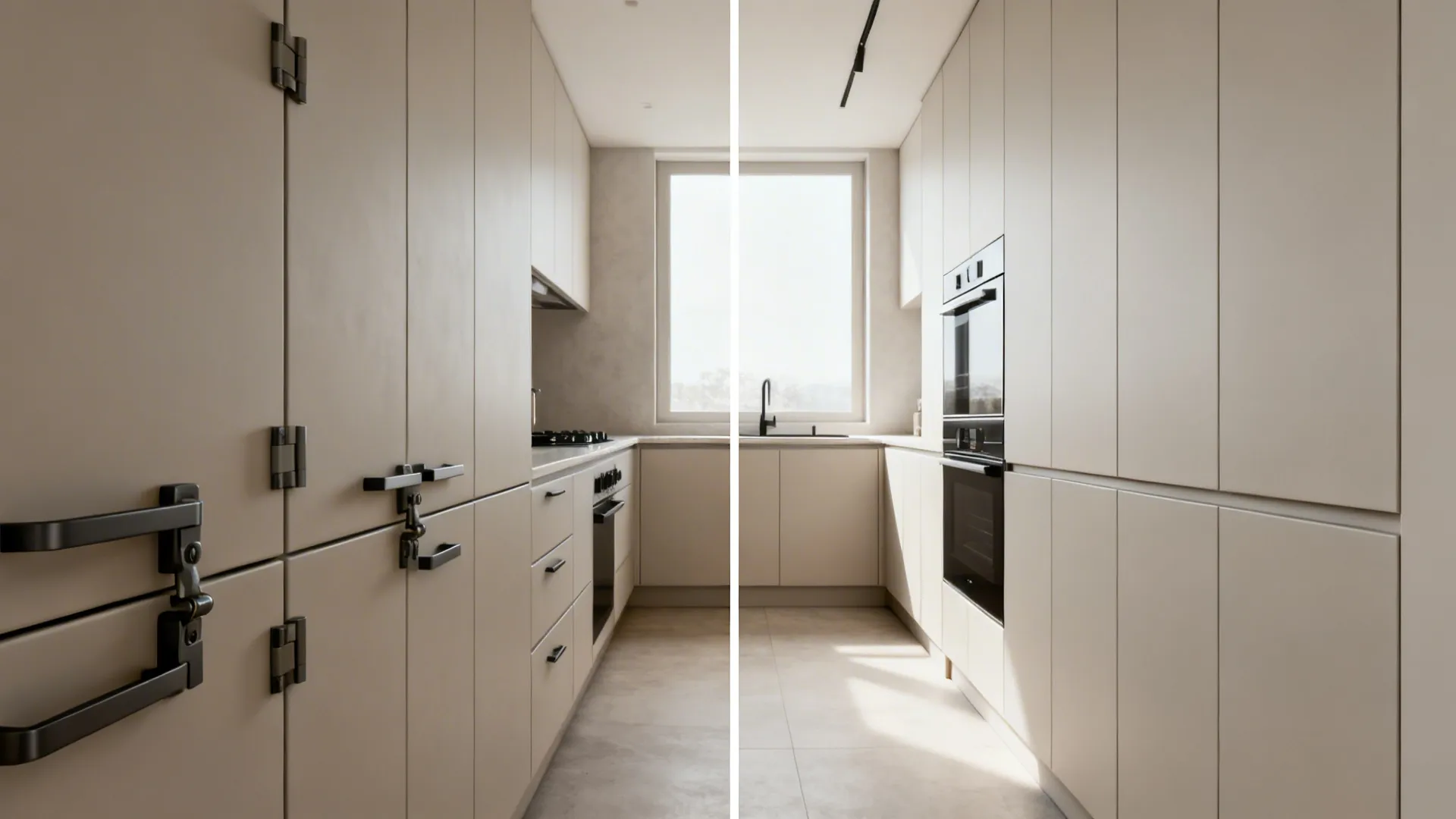 Before-and-after elevation showing hardware-heavy design versus clean handle-less panels.