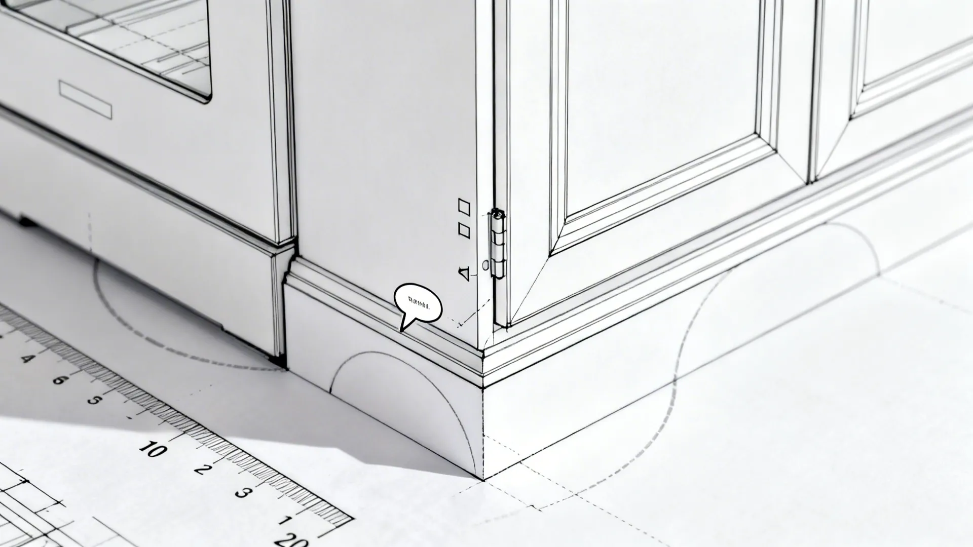 Macro view of cabinet elevation showing hinge side, door reveal, and toe-kick detail.