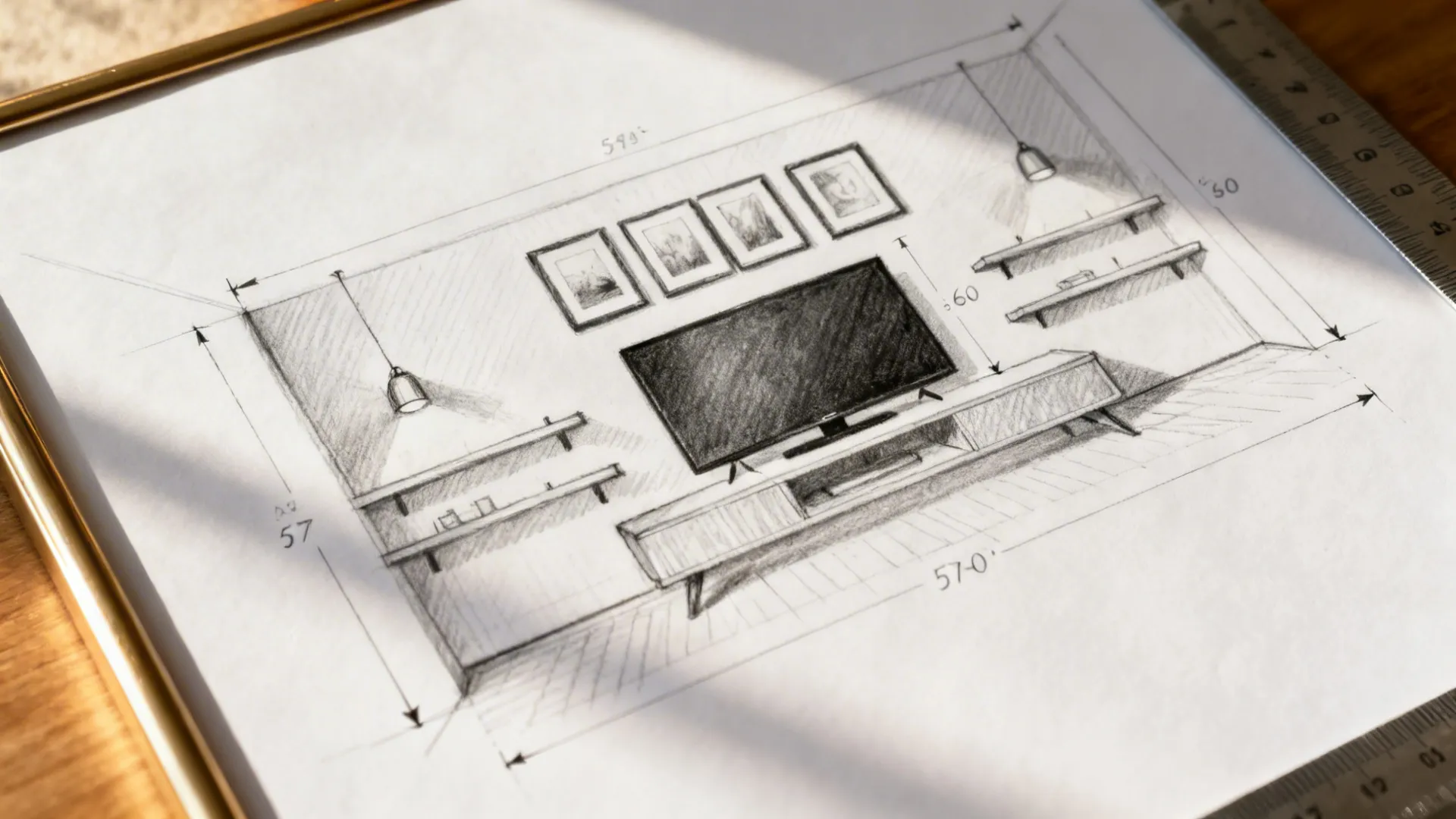 Macro view of a clean elevation sketch marking TV, art centerlines at 57–60 inches, shelves, and sconce heights.