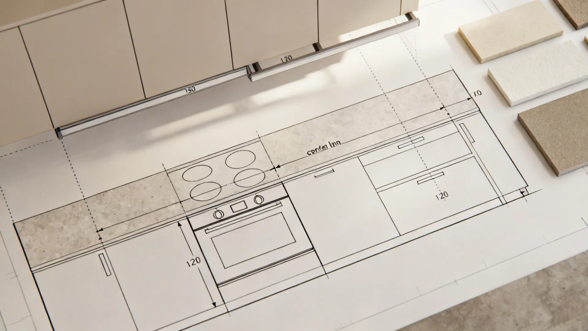 Top-down process view showing kitchen elevation datums, appliance cutouts, and door swing clearances.