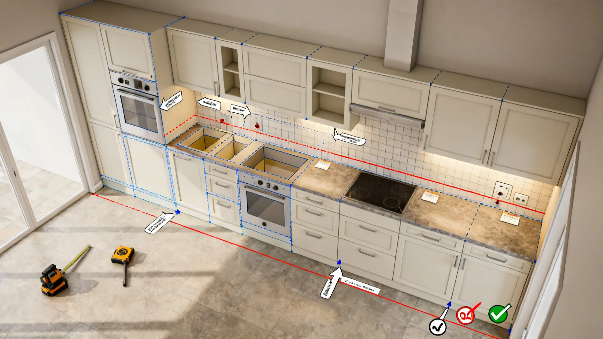 Top-down storyboard of steps for drawing kitchen elevations from measure to QA.