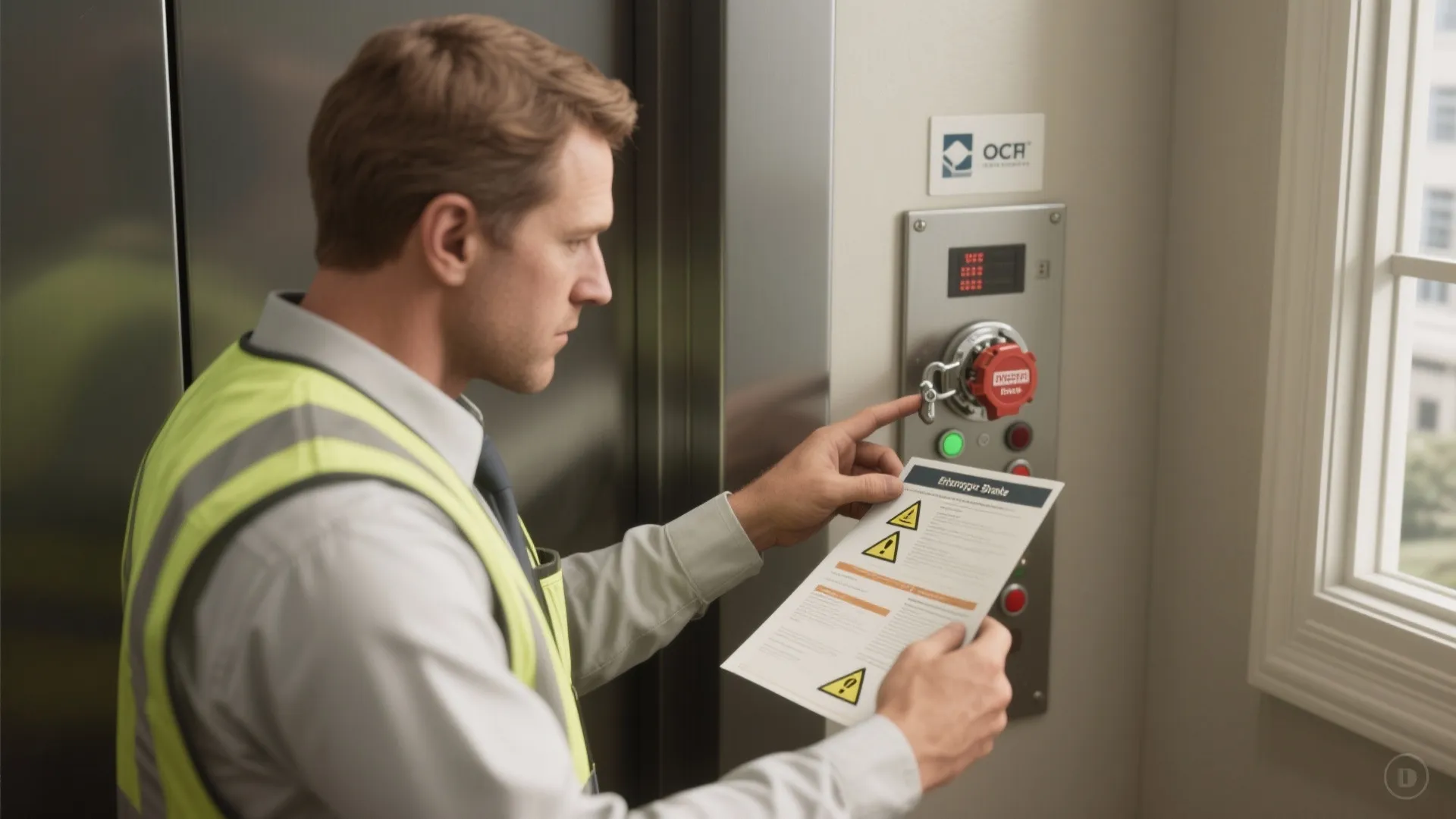 Technician in safety vest holding a checklist while checking the control panel of an elevator