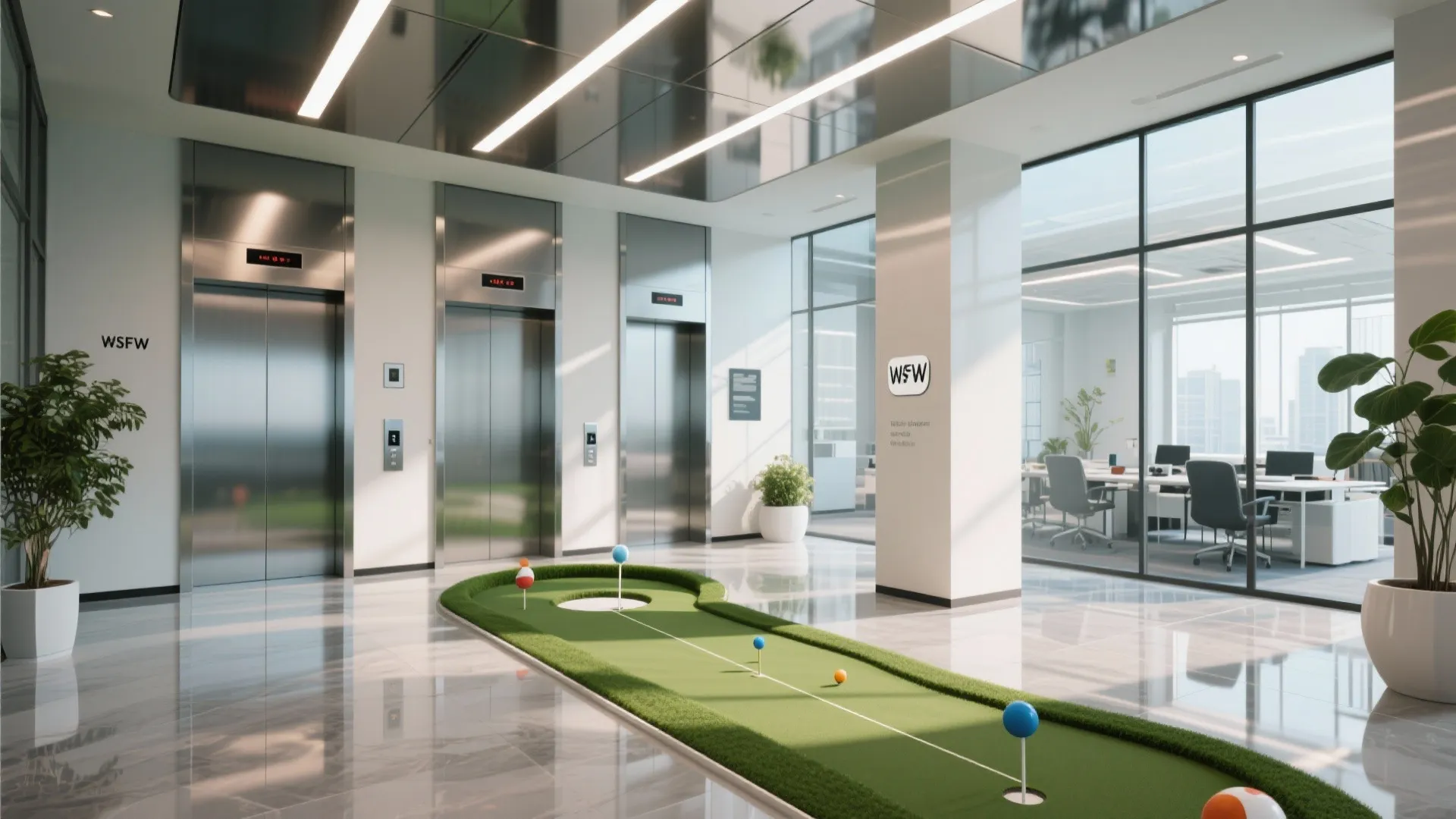 Modern elevator lobby featuring metal doors and long green mini golf putting strip on floor