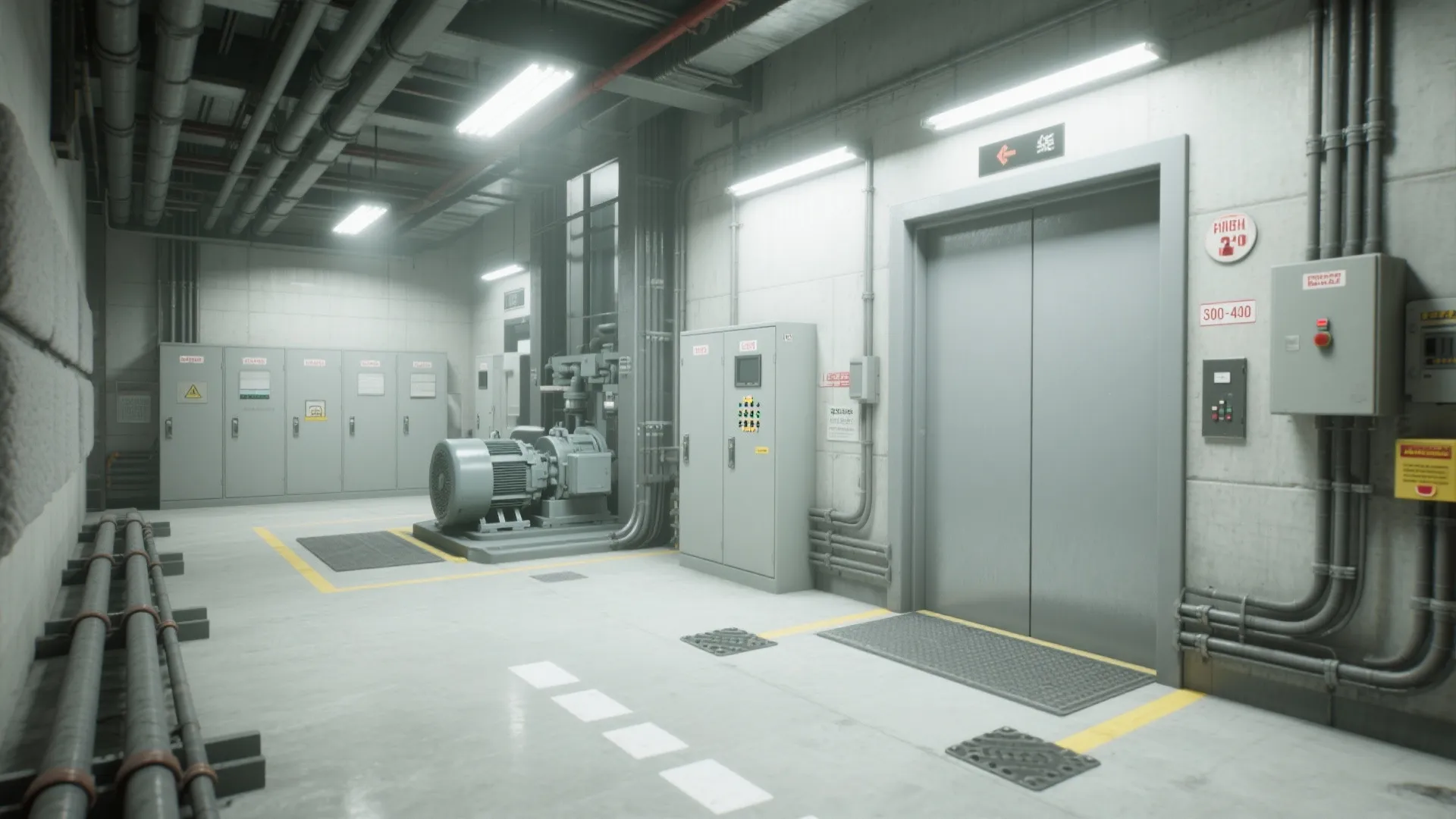Interior design drawing showing elevator machine room with grey walls, large machinery, pipes, and lights