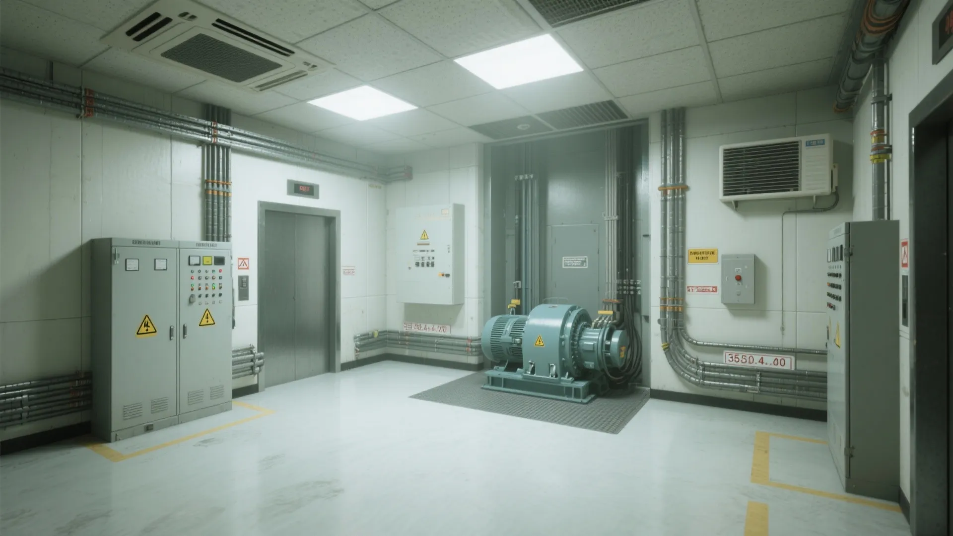 Interior design drawing of machine room with blue motor metal cabinets wall pipes and ceiling lights