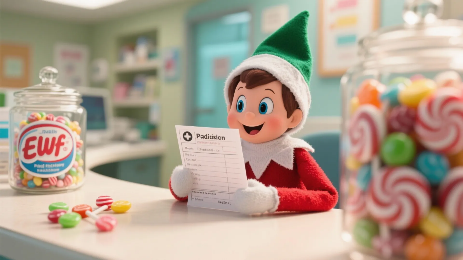 Elf toy holding a prescription paper at a medical desk with candy jars and sweets