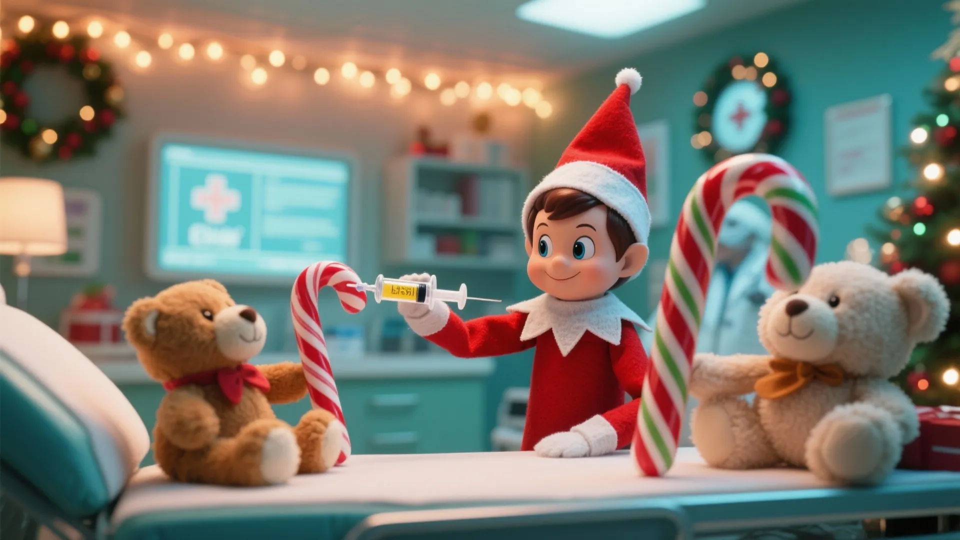 Elf toy using a medical needle on candy canes with teddy bears in clinic room