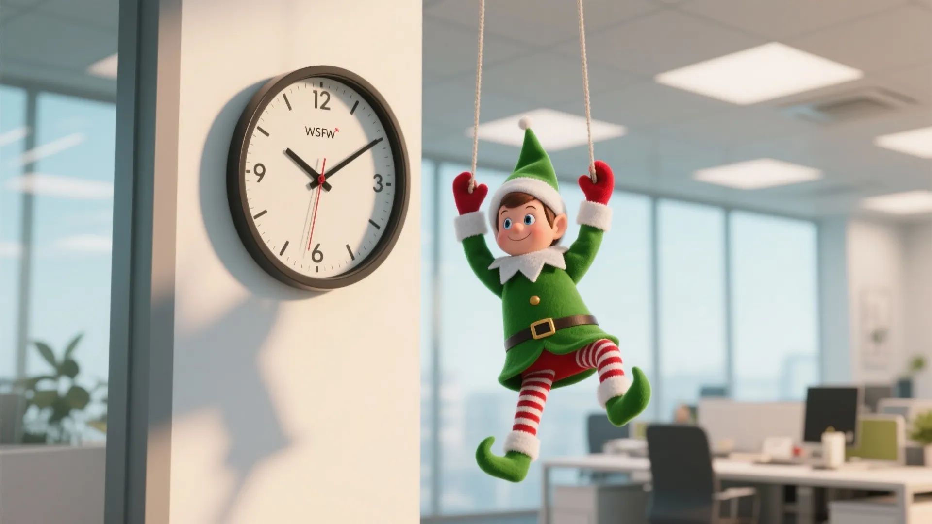 Small green Christmas elf hanging from ropes next to round wall clock in modern office