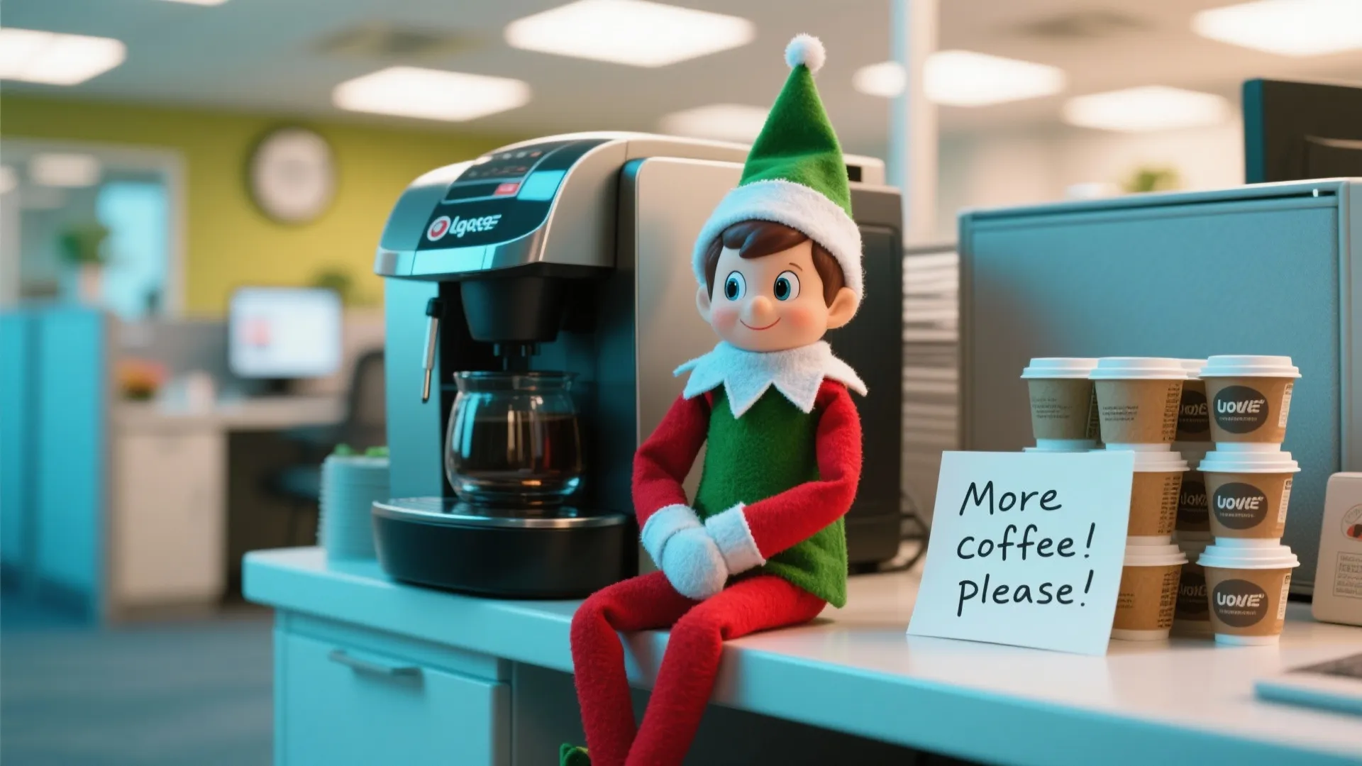 Toy elf in green suit sitting on counter next to coffee machine with paper sign