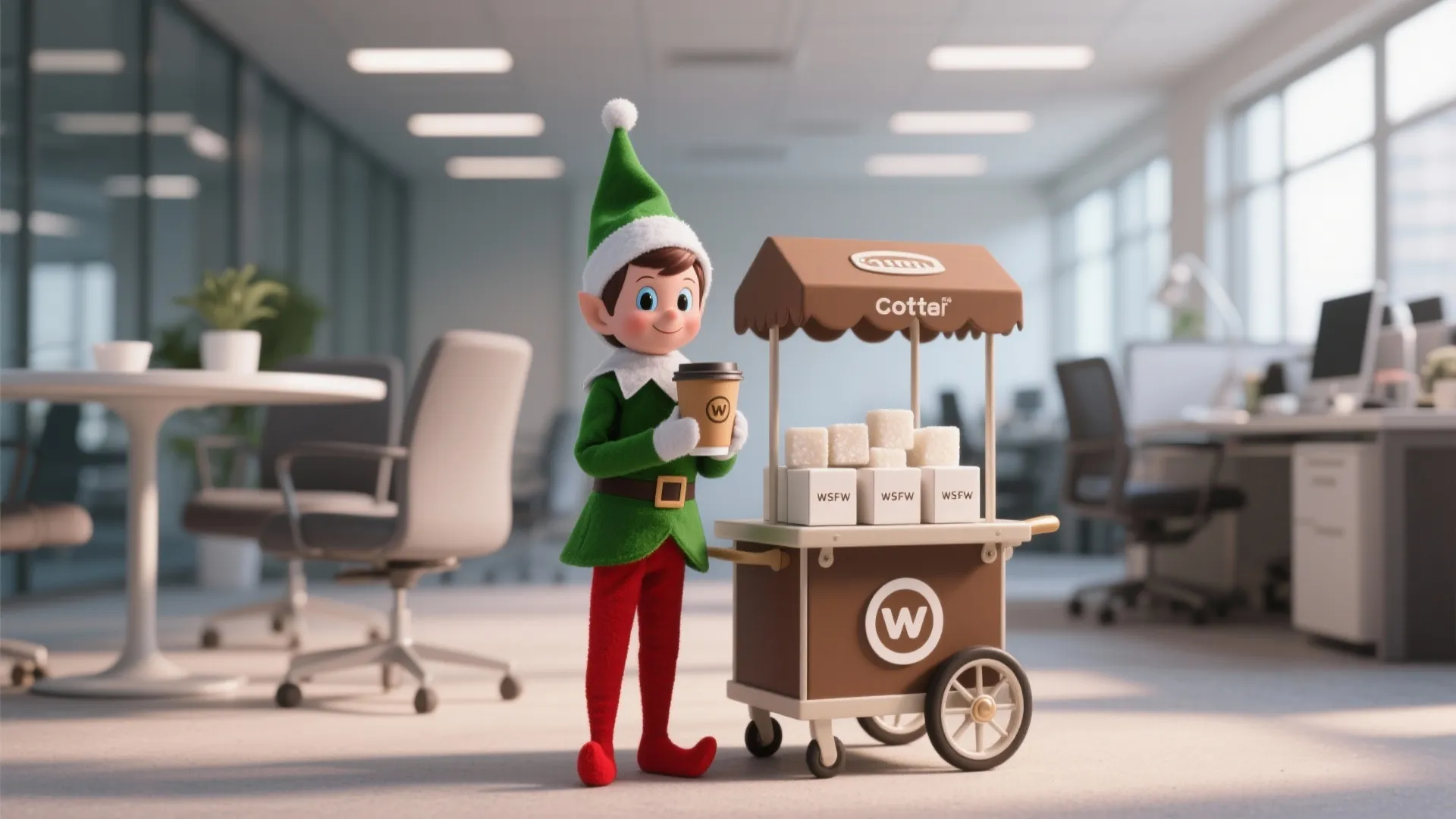 A small Christmas elf standing in a modern office holding coffee next to a cart