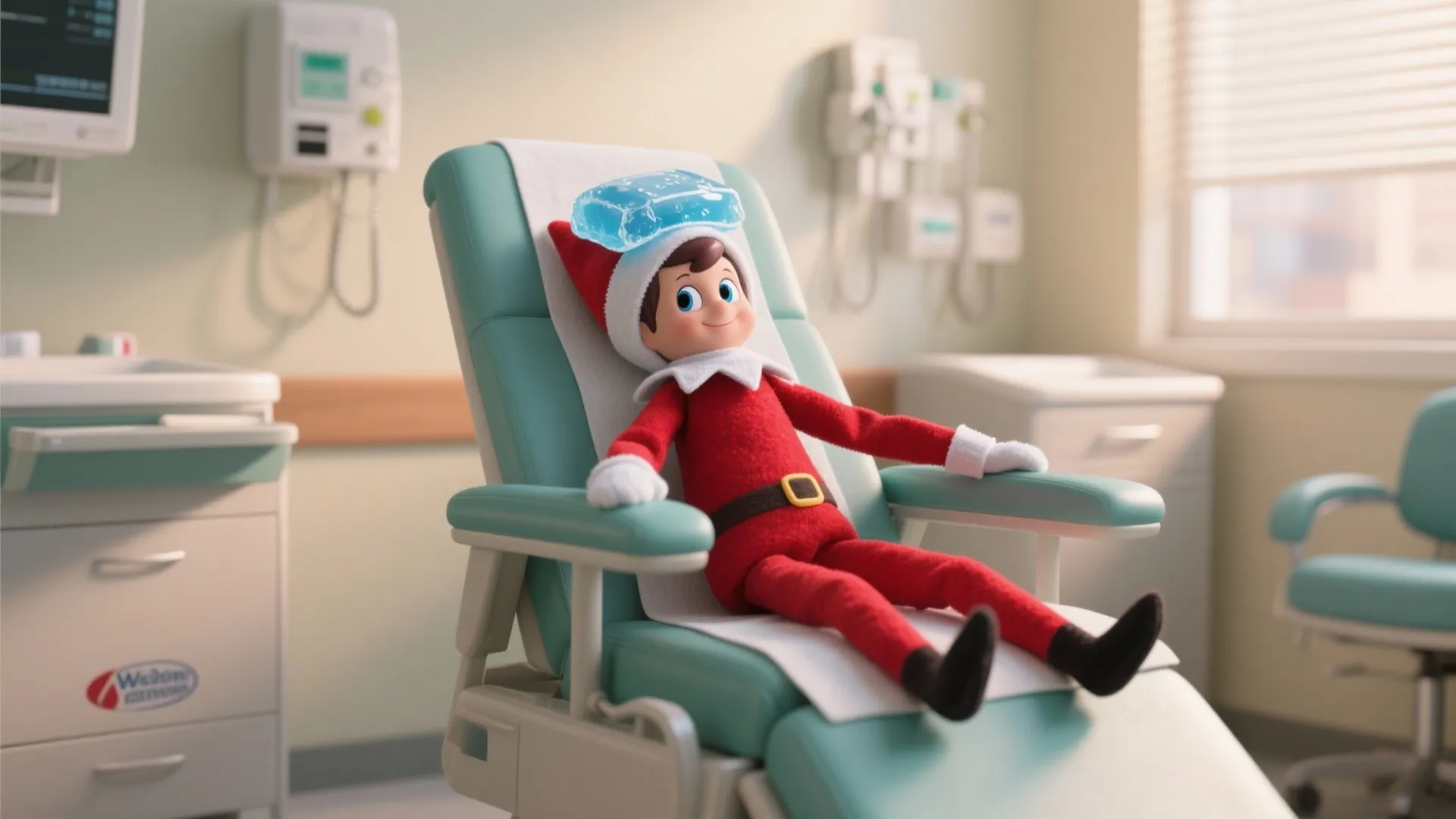 Cute elf character lying on a medical chair with a blue cold pack on head