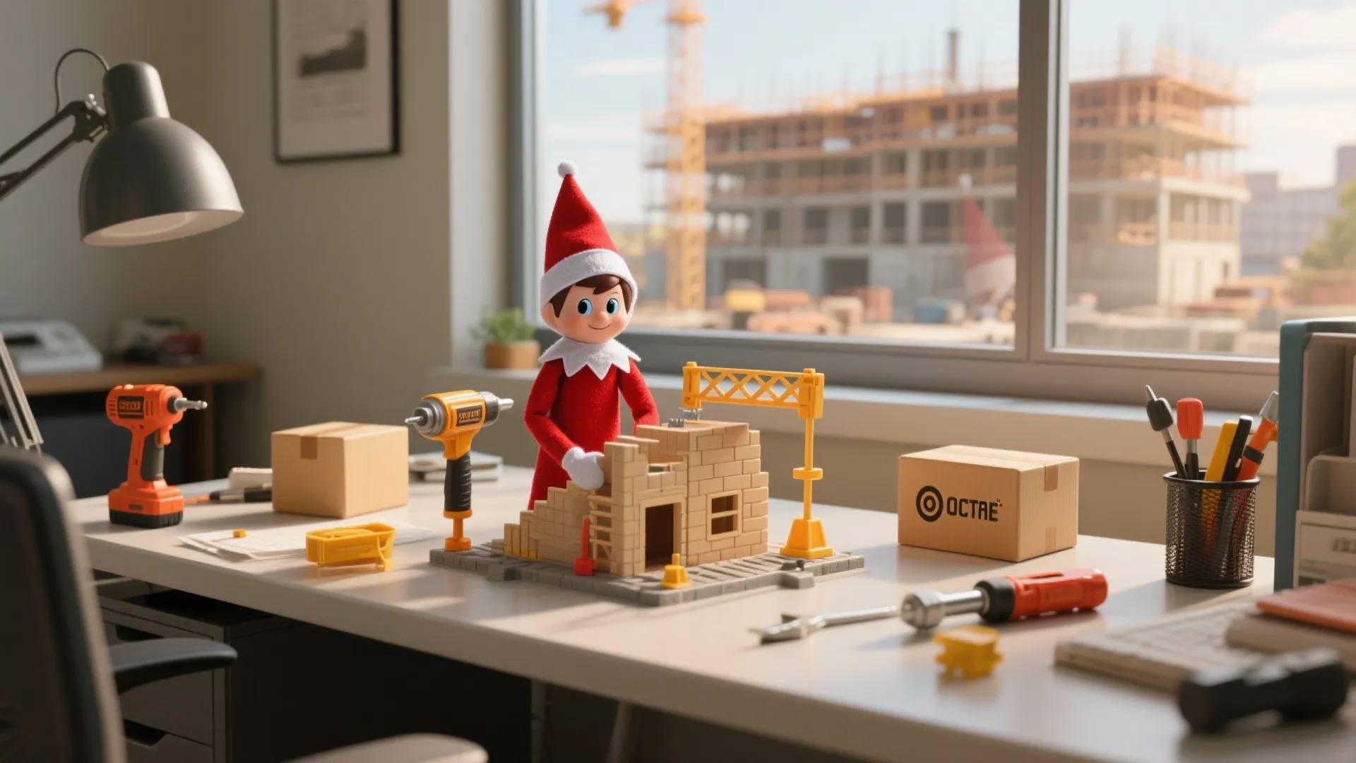 Small elf building house model on desk with tools and construction site visible through window