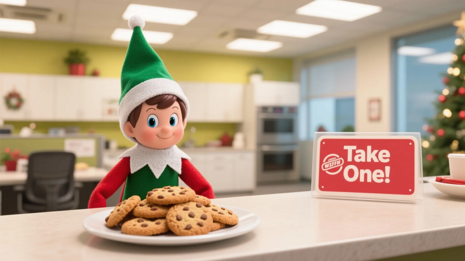 Toy elf standing behind plate of chocolate chip cookies next to red take one sign