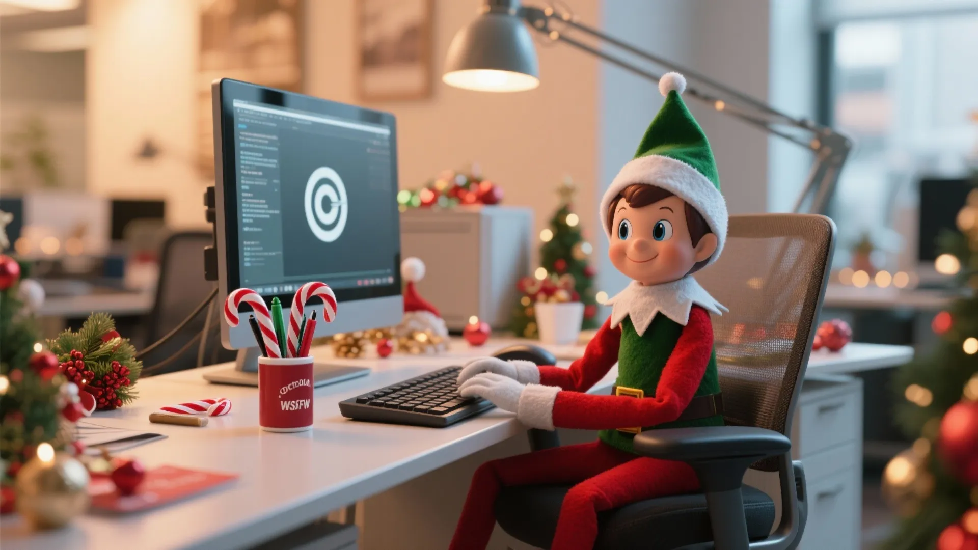 Toy elf sitting at a computer desk typing on keyboard in a decorated Christmas office
