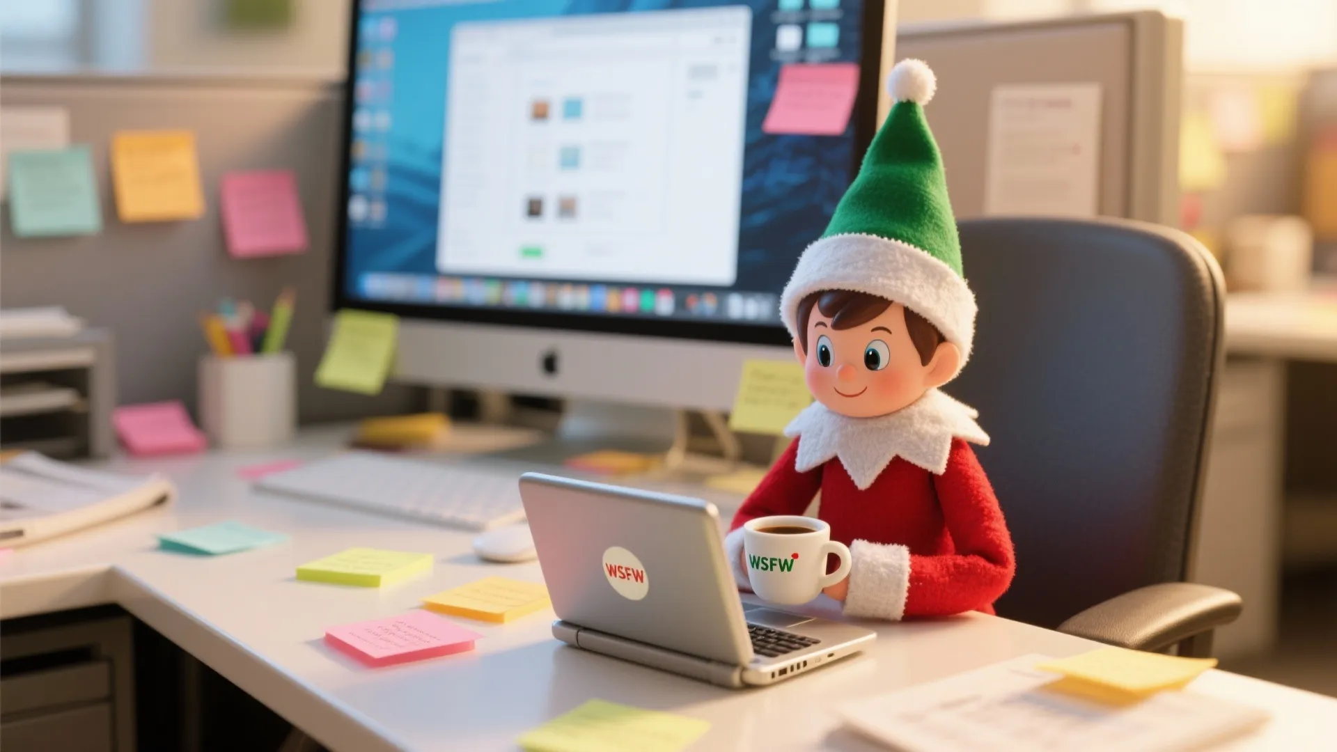 Toy elf in red suit sitting at office desk with laptop and white coffee mug