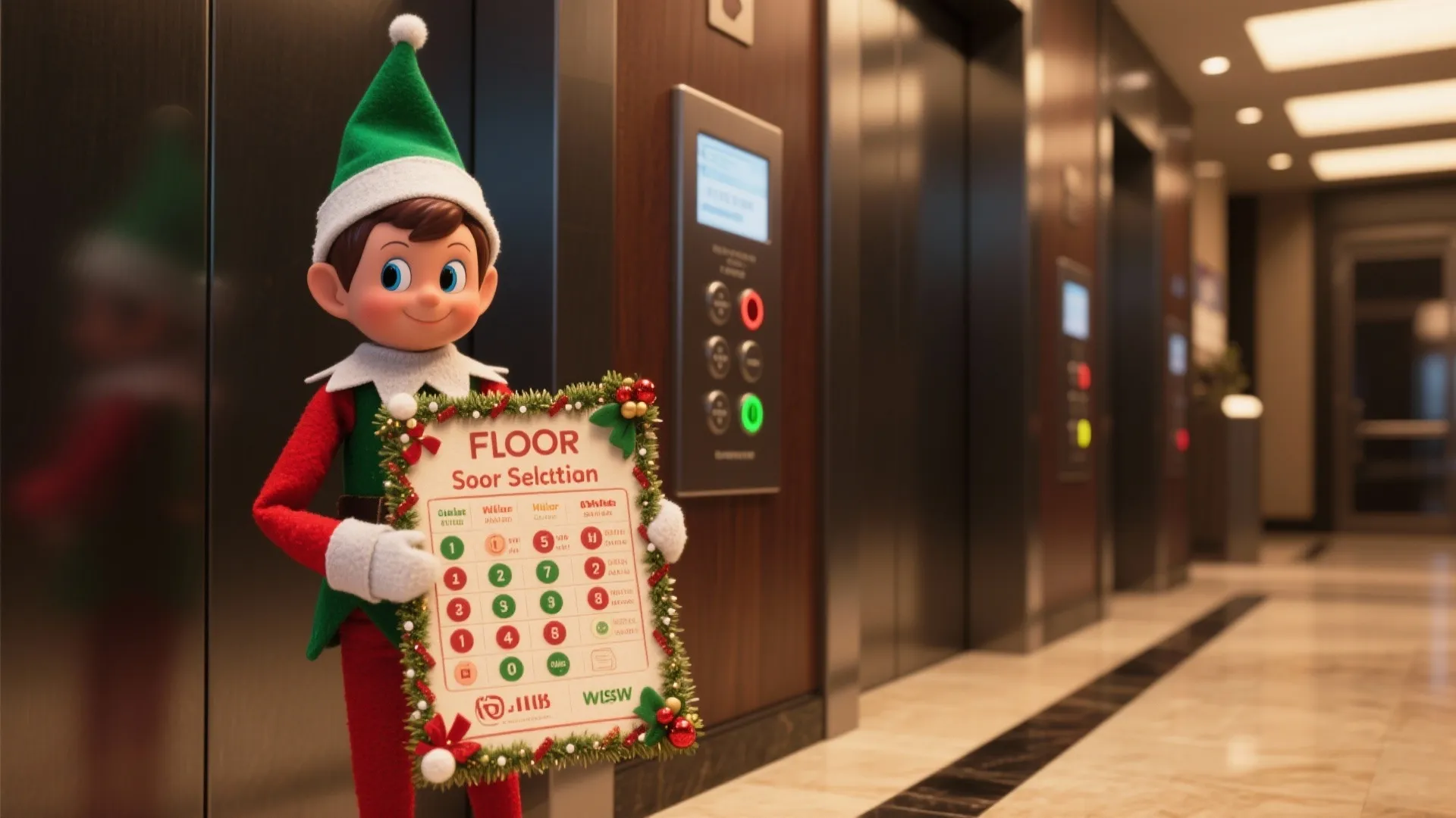 A Christmas elf holding a floor selection sign standing in front of several office elevators