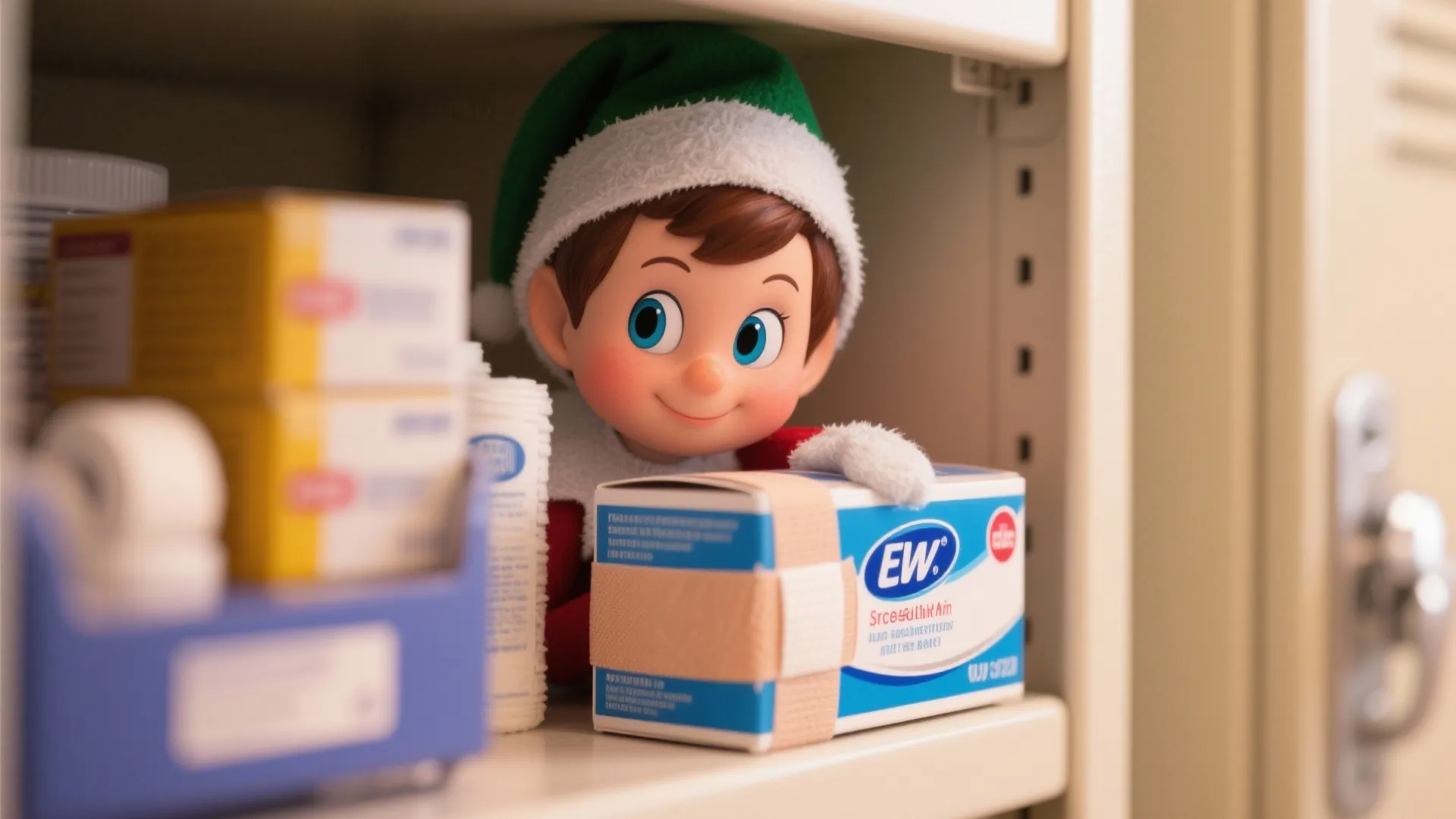 Small elf toy hiding behind a blue box with bandages inside a white storage cabinet shelf