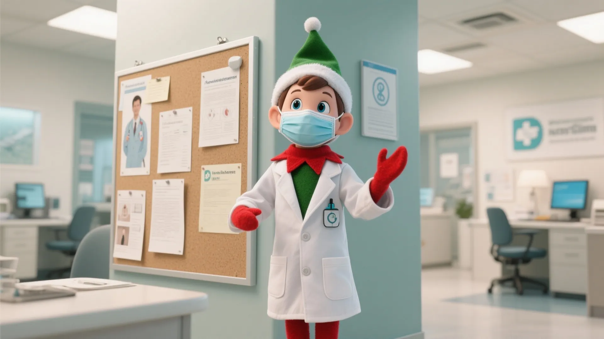 Small elf wearing a white doctor coat and face mask standing in a clean hospital