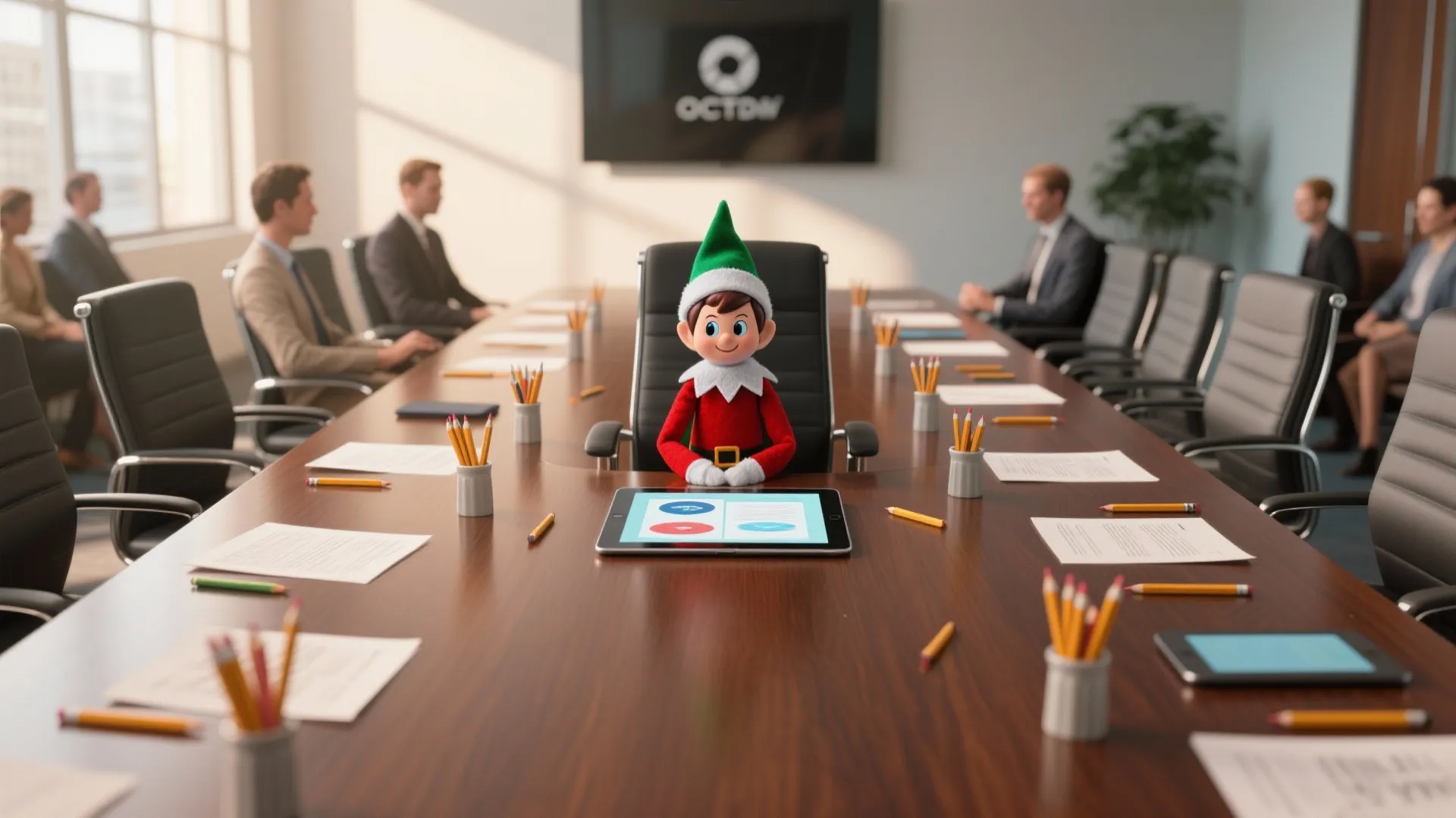 Small elf sitting at long office table with people in suits and digital tablet display