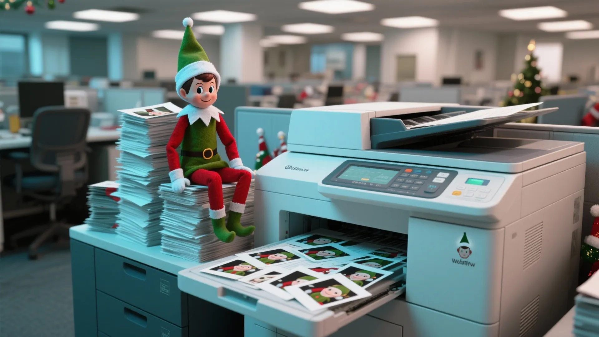 Christmas elf sitting on stack of papers beside a printer making copies of his face