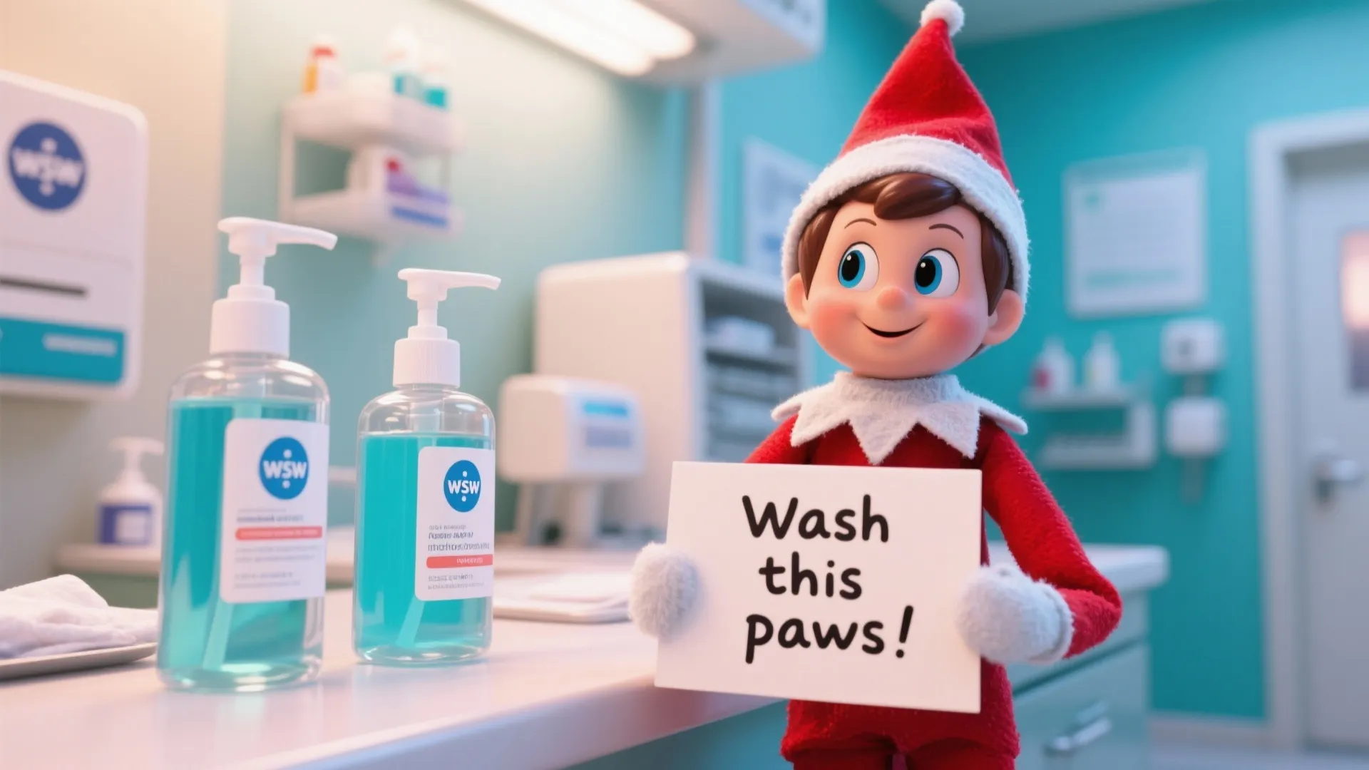 Christmas elf holding a wash your paws sign next to soap bottles in a clinic
