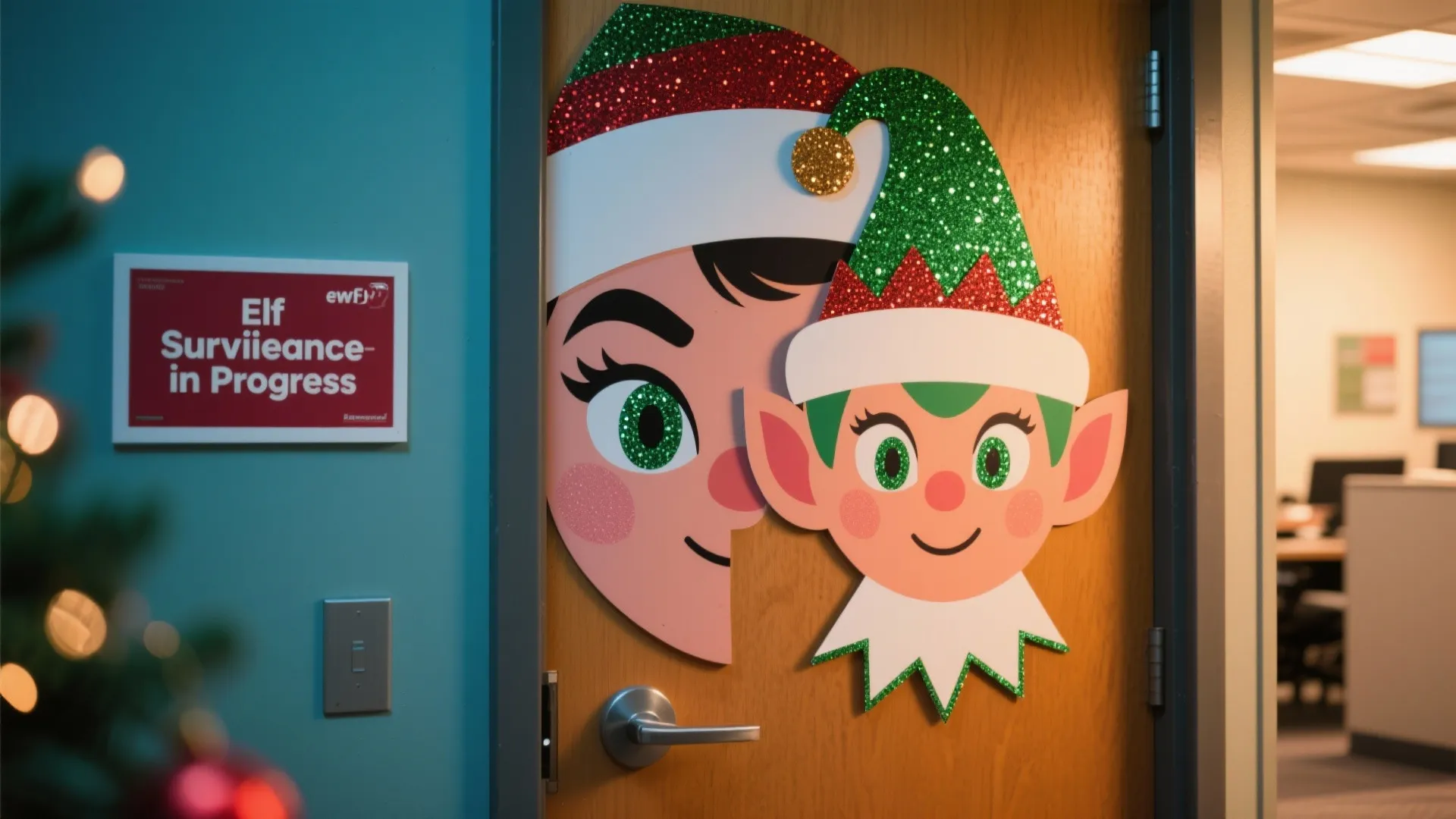 Office wooden door decorated with two cartoon elf face cutouts and a red warning sign