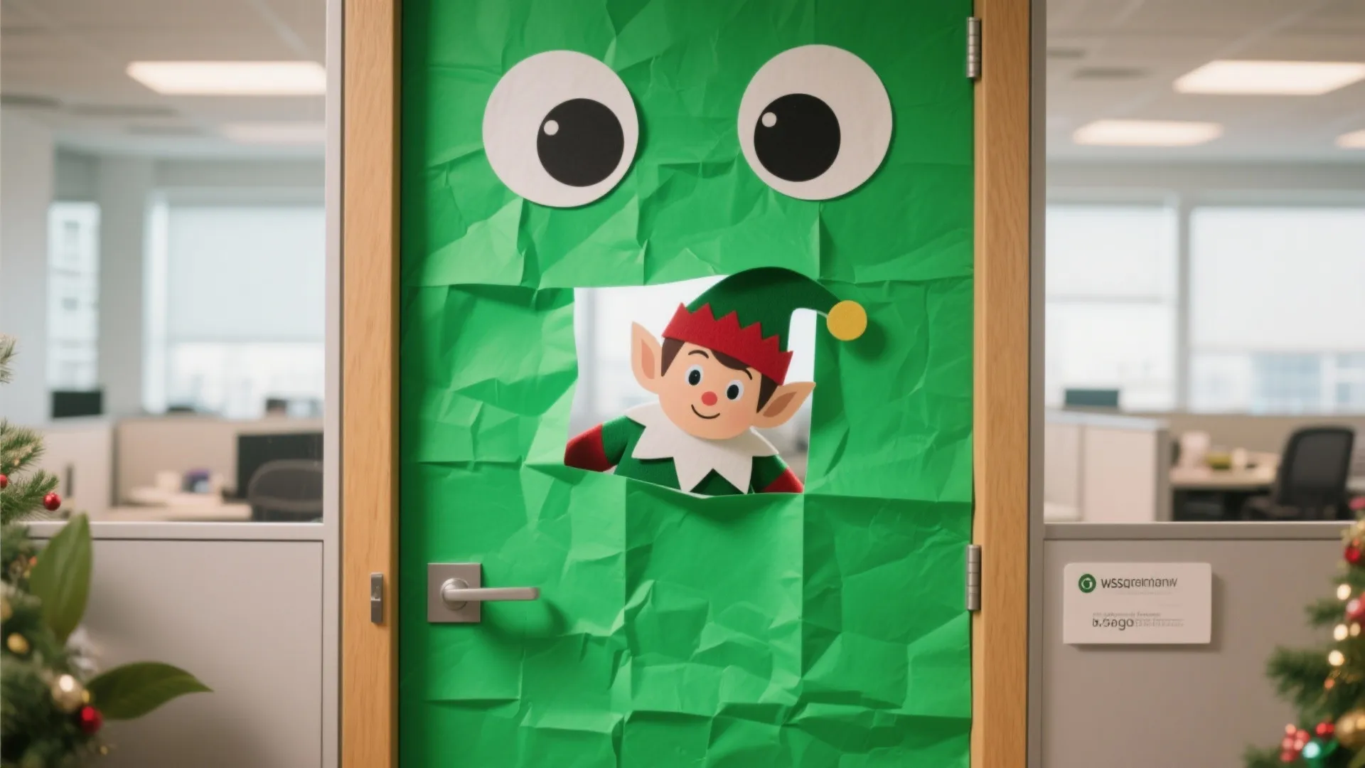 Green office door covered in paper with giant eyes and small elf peering through window