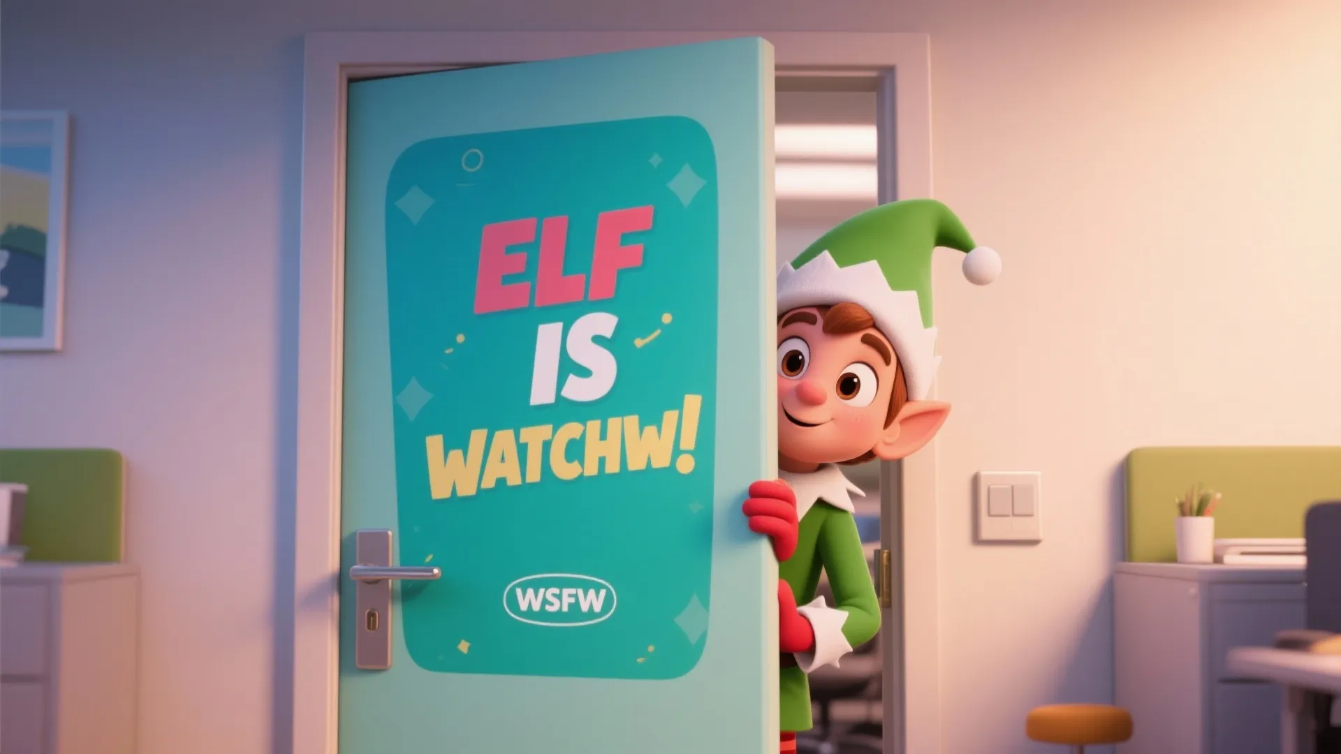 Blue office door with an elf character peeking out and a holiday sign for Christmas