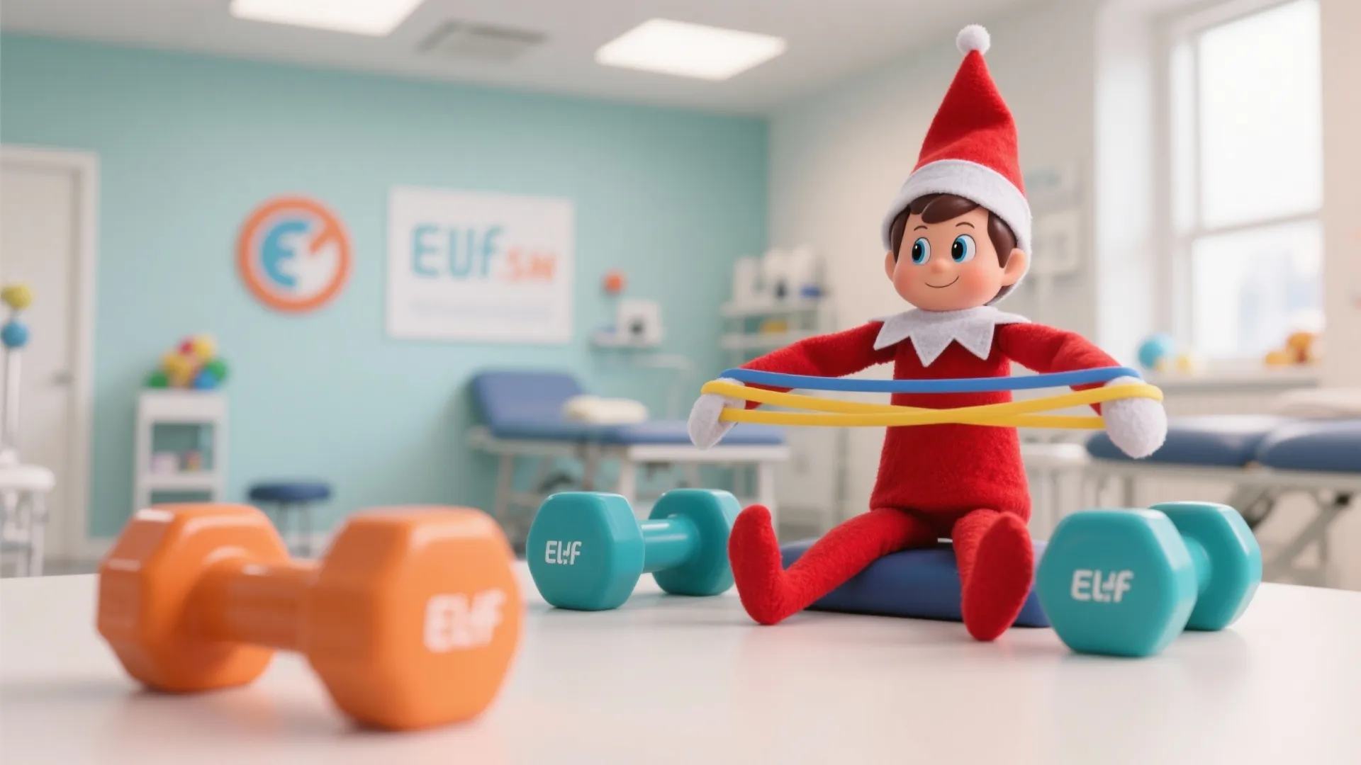 Elf toy sitting on a mat using fitness bands with dumbbells in a therapy room