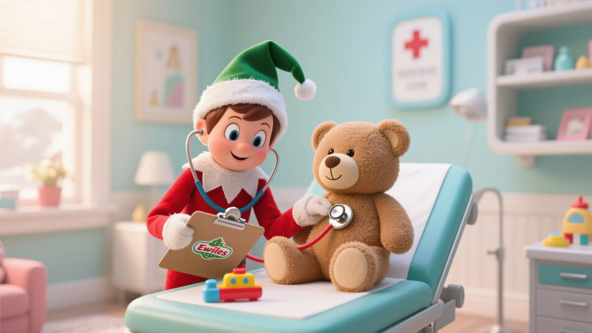 Elf toy using a stethoscope on a teddy bear in a bright pediatric examination room