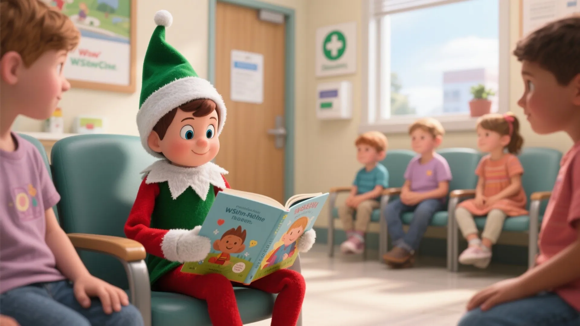 Elf character reading a colorful picture book to children sitting in a bright medical office