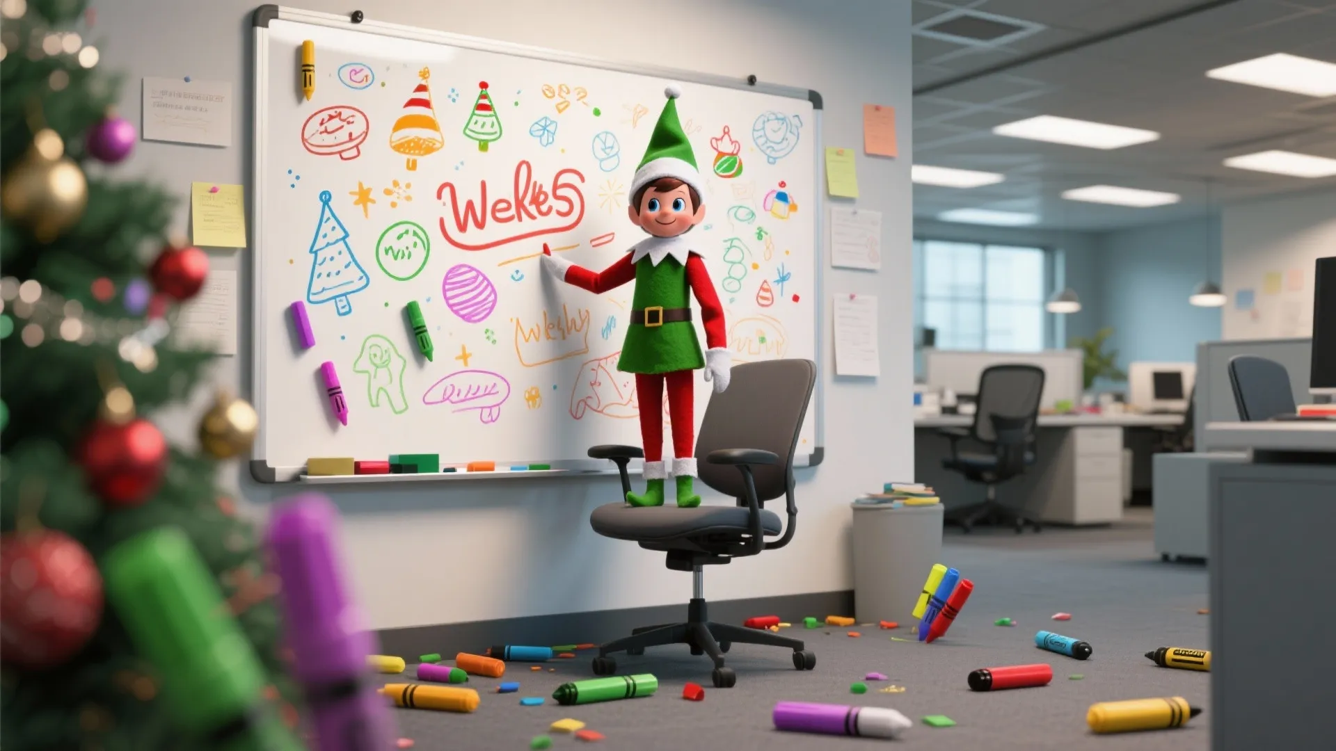 Christmas elf standing on a grey office chair drawing colorful holiday doodles on a whiteboard
