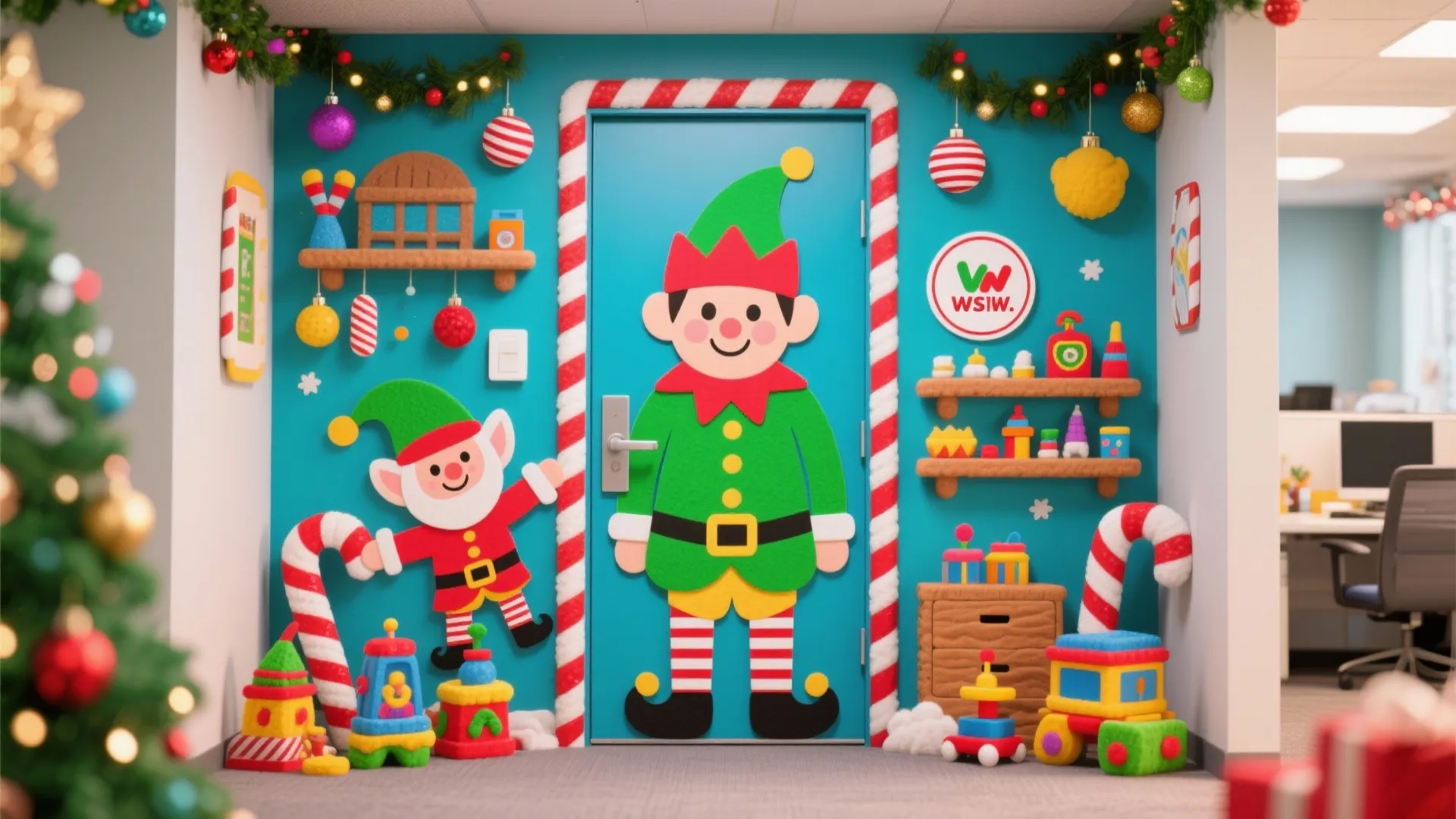 Blue office door decorated with a large cartoon elf candy canes small toys and garland