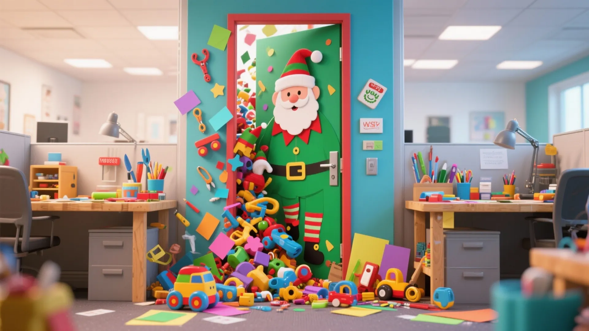 Office cubicle featuring a green door with Santa character and colorful toys spilling onto floor