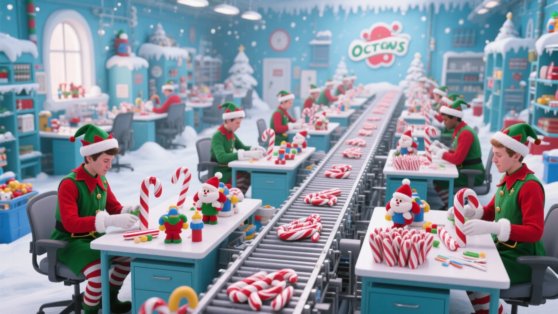 Office space transformed into an elf workshop with people making toys on a conveyor belt