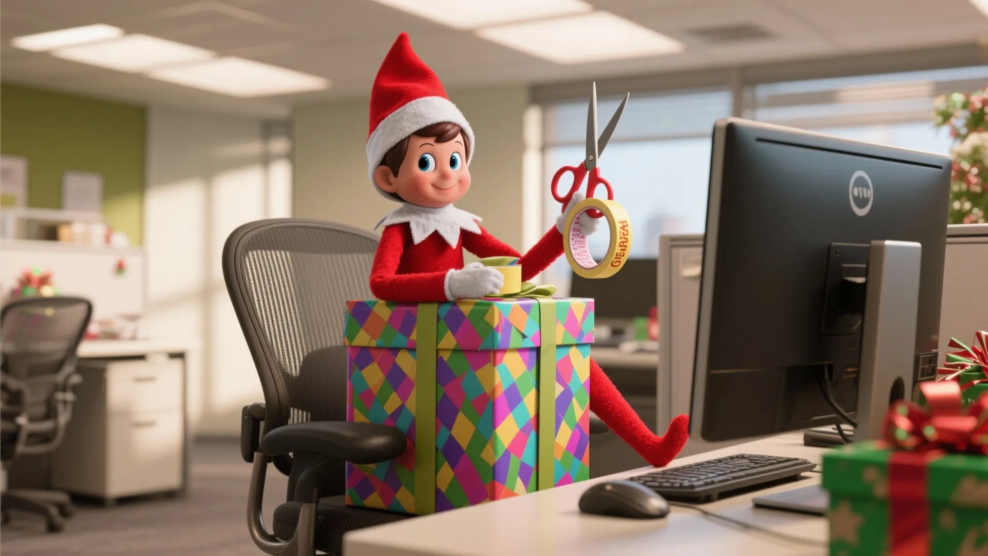 Red Christmas elf holding scissors and tape sitting inside a colorful gift box on desk