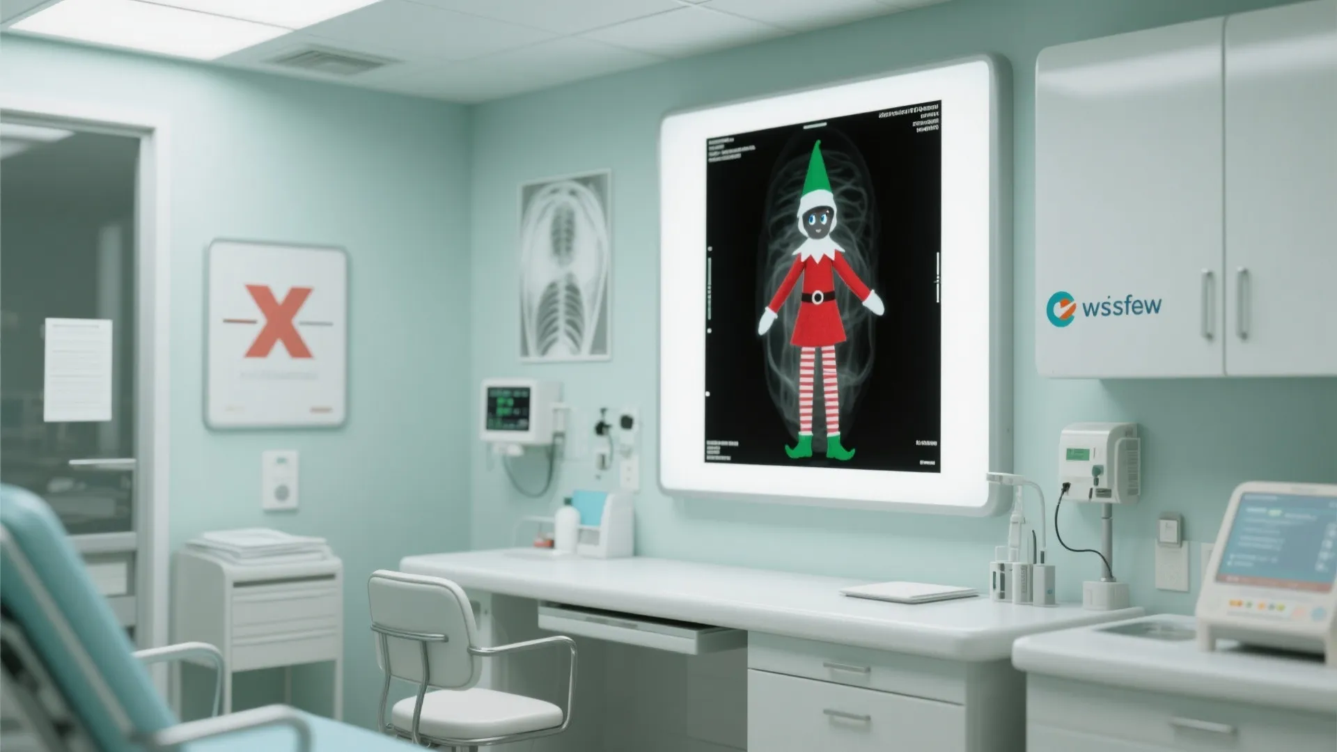 Modern medical room showing a cartoon elf on an xray screen with white desks and chairs