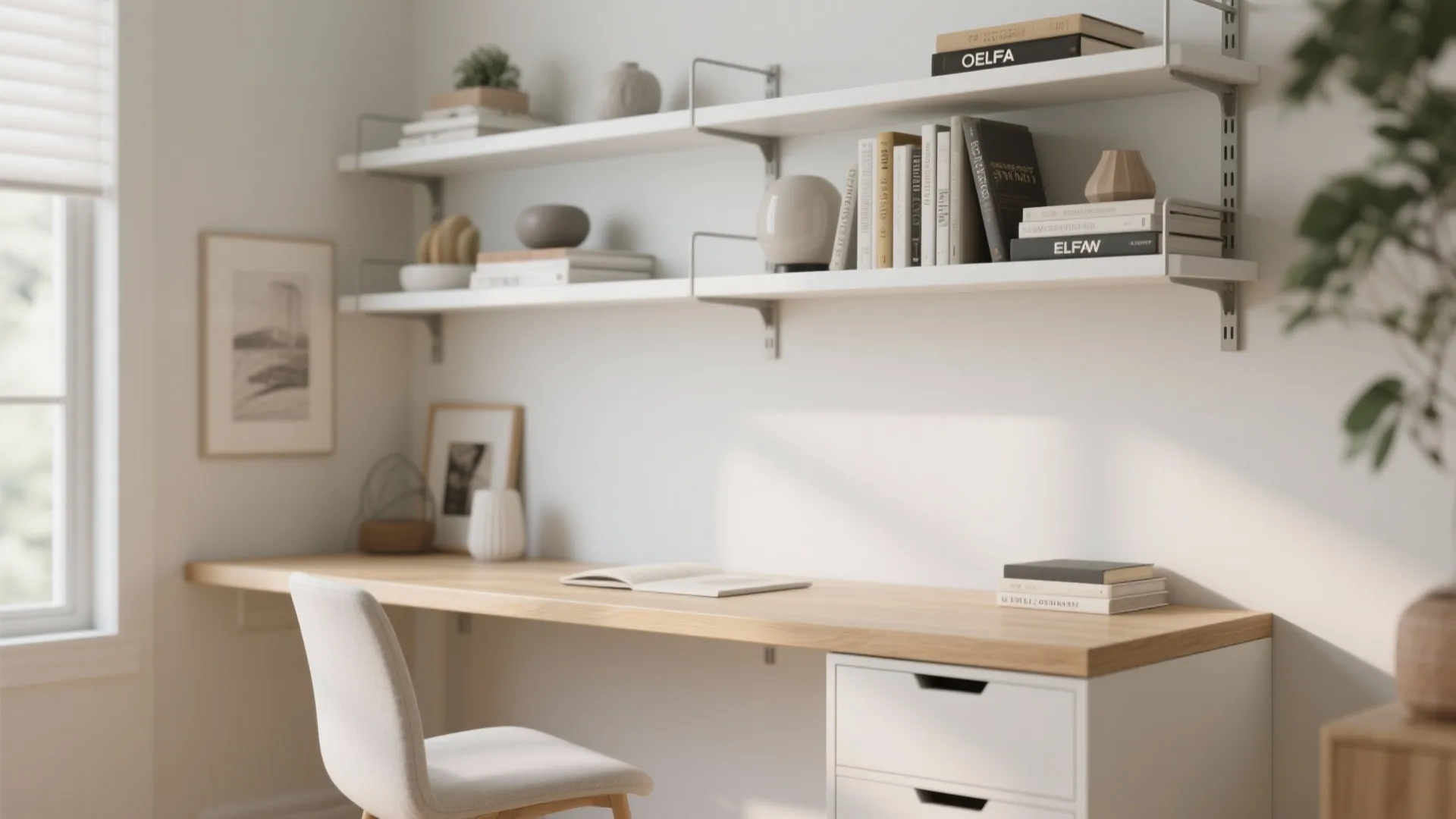 1. Floating Desk with Wall Shelving