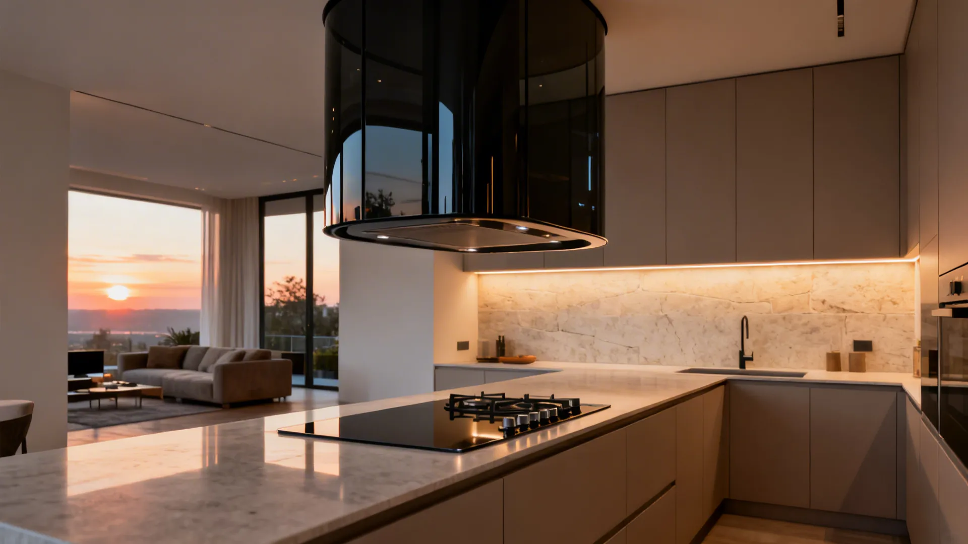Design-forward black-glass curved chimney in a modern open-plan kitchen.