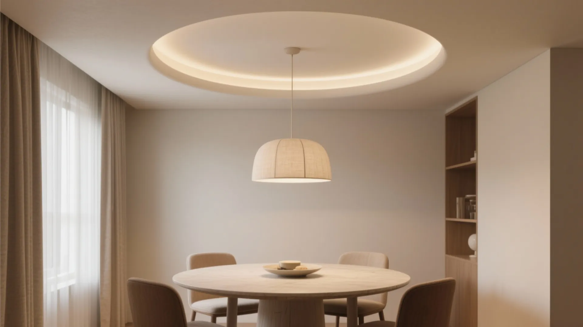 Round wooden dining table under circular recessed ceiling light and hanging fixture in modern room