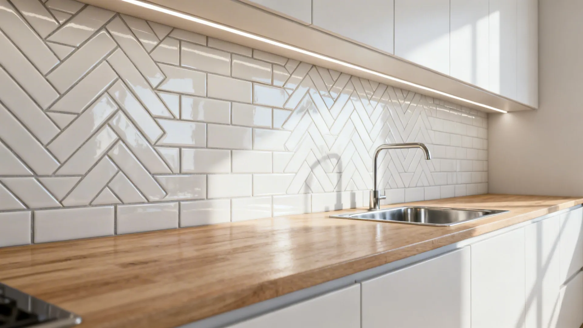 Elongated white subway tiles in a herringbone layout with soft LED reflections.