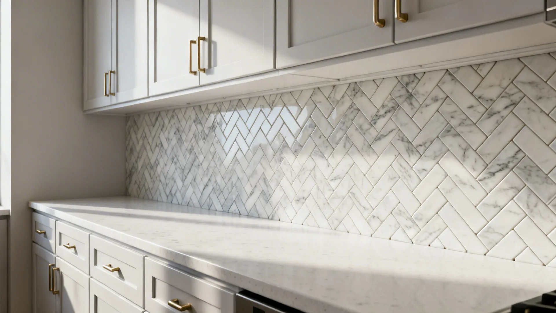 Elongated herringbone marble-look porcelain mosaic with subtle veining in a compact condo kitchen.