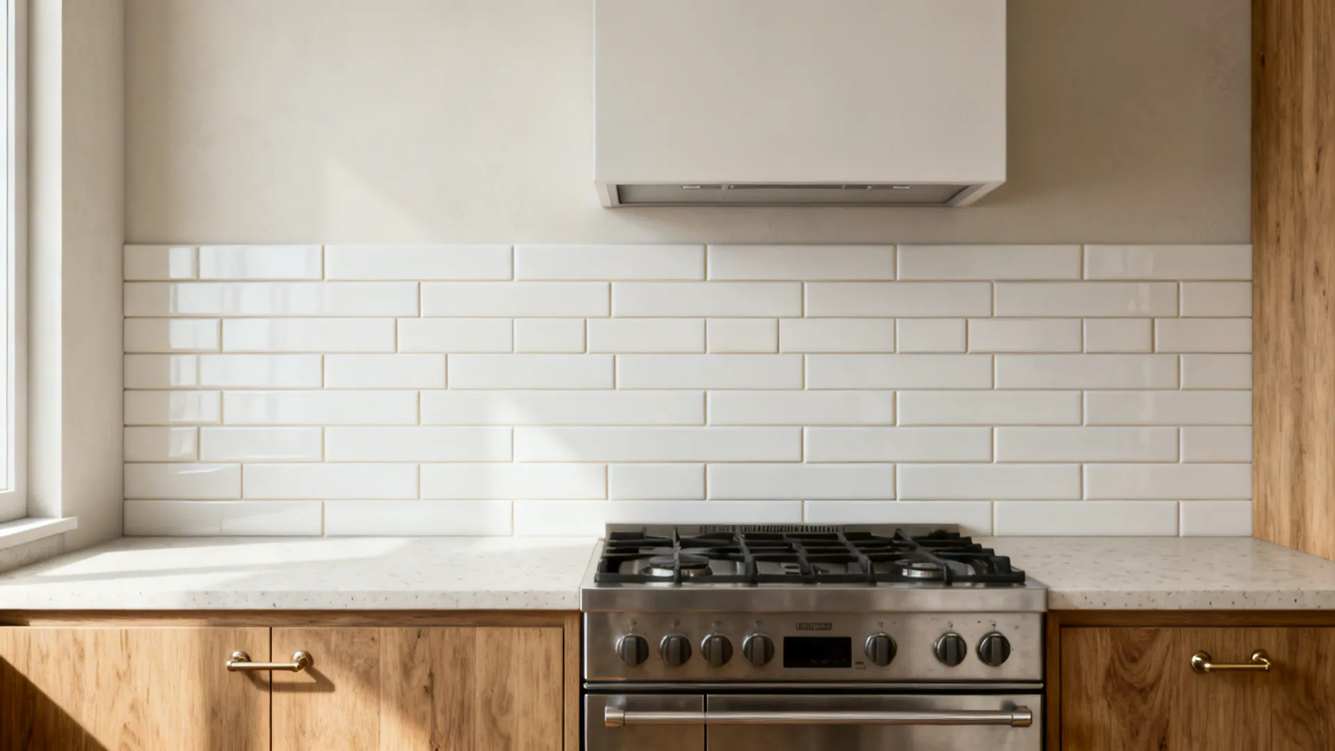 Elongated white subway tiles in a tight staggered layout run to the ceiling behind a range.