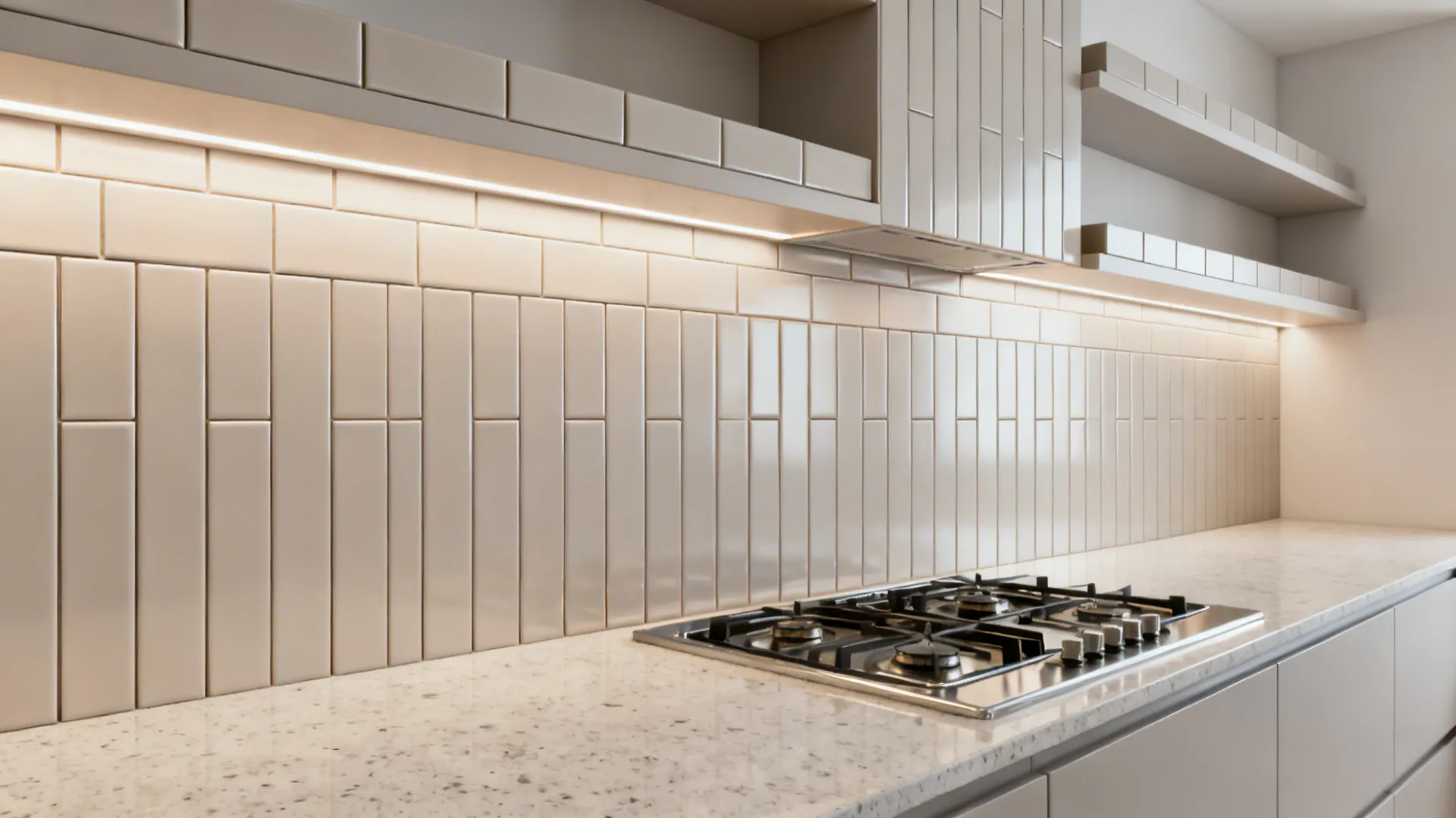 Long vertical beige wall tiles in a kitchen with bright light strip and gas stove