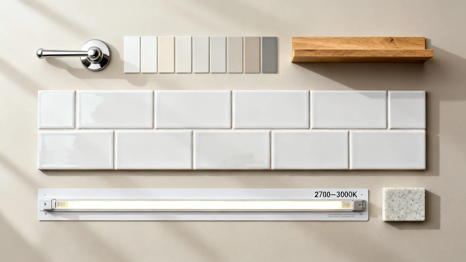 White wall tiles arranged with wood shelf metal handle light fixture and stone sample swatches