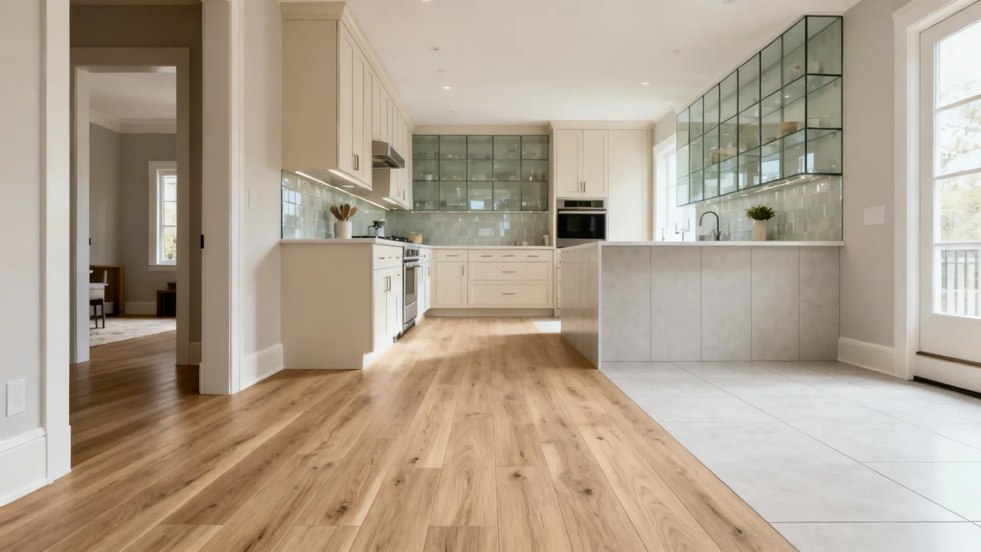 10x14 kitchen with oak-tone planks running lengthwise to visually widen the space.