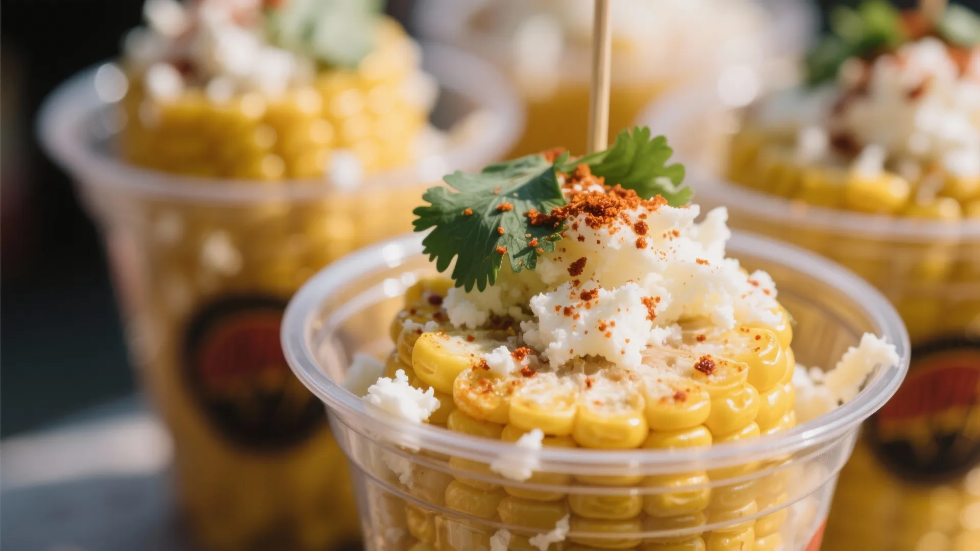 Close up of mexican street corn in clear plastic cups with white cheese and red chili